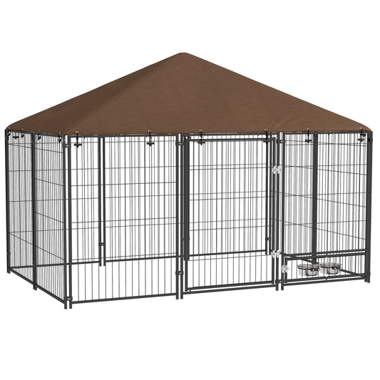 Large Dog Run, 6.9' x 4.6' x 5' Outdoor Dog Kennel with Canopy, Rotating Bowls, Door for Backyard & Garden, Coffee