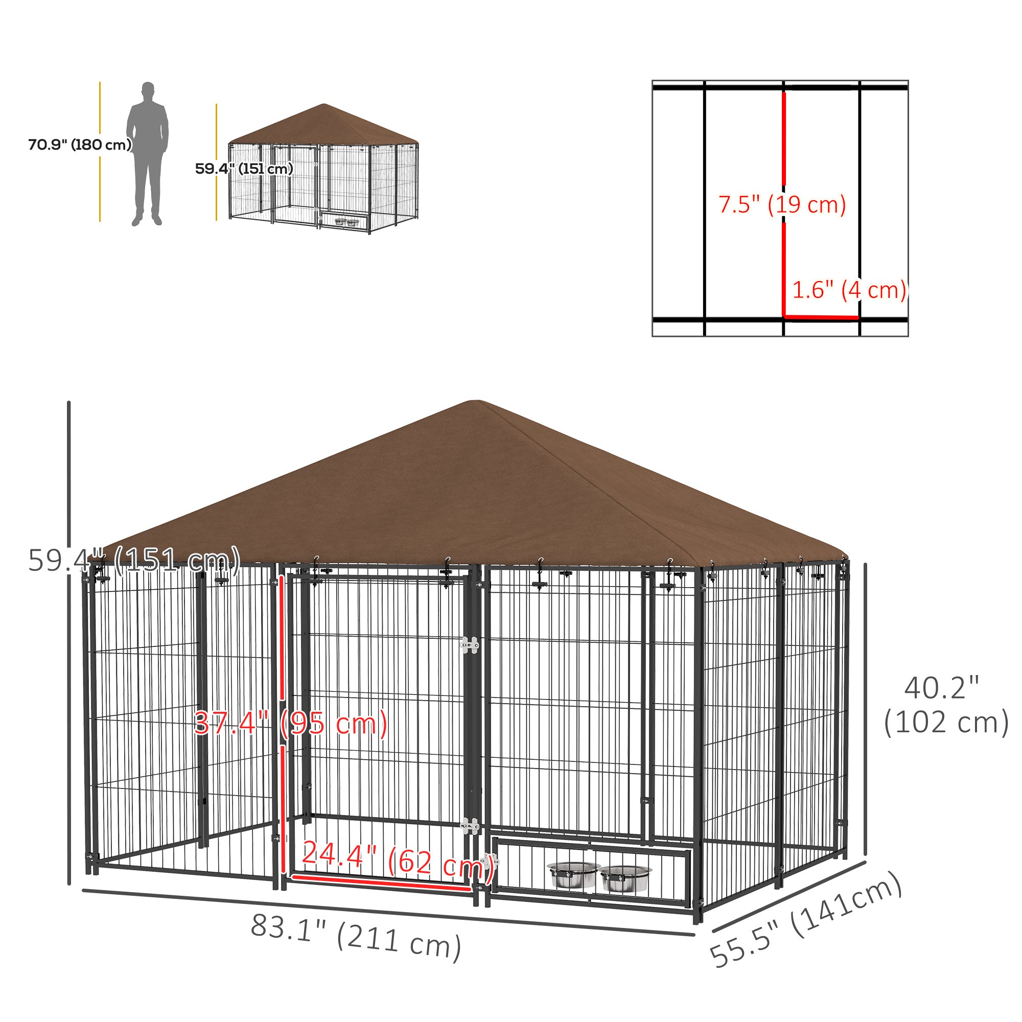 Large Dog Run, 6.9' x 4.6' x 5' Outdoor Dog Kennel with Canopy, Rotating Bowls, Door for Backyard & Garden, Coffee