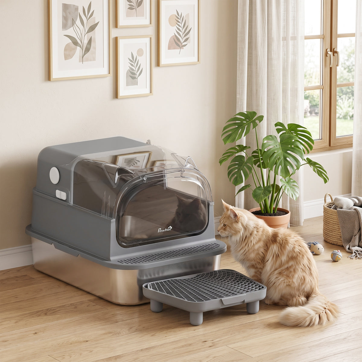 Stainless Steel Cat Litter Box with Flip Lid, XXL Enclosed Litter Box, High Sided, Step, Metal Scoop, 2 Deodorizing Bags, Easy Clean, Anti-Leak, Odor Control, for Multi & Big Cats, 28"x20"x18"