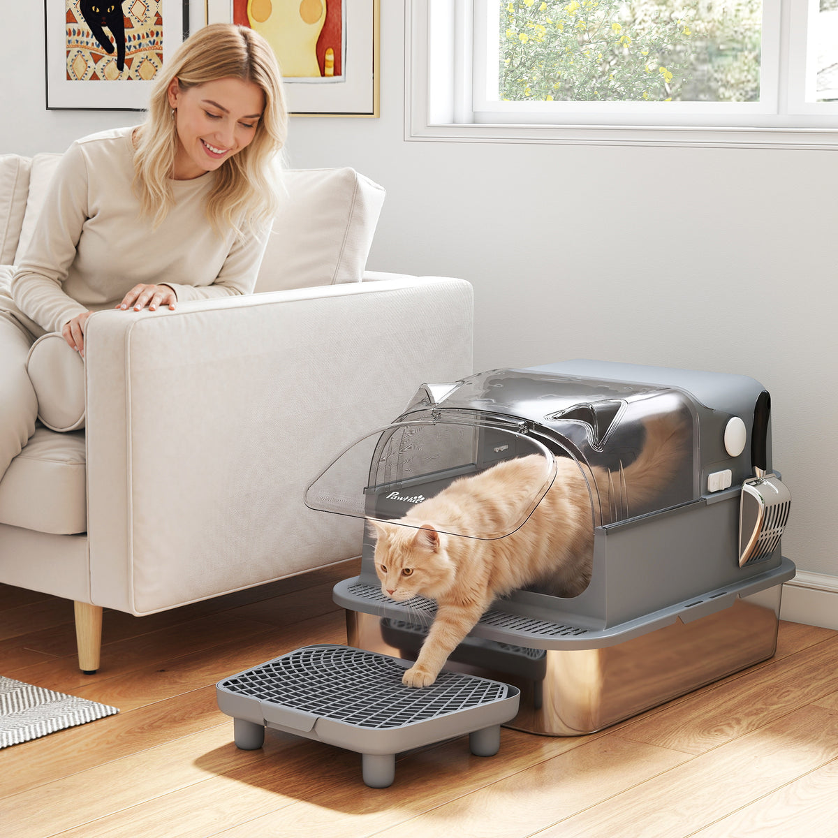 Stainless Steel Cat Litter Box with Flip Lid, XXL Enclosed Litter Box, High Sided, Step, Metal Scoop, 2 Deodorizing Bags, Easy Clean, Anti-Leak, Odor Control, for Multi & Big Cats, 28"x20"x18"