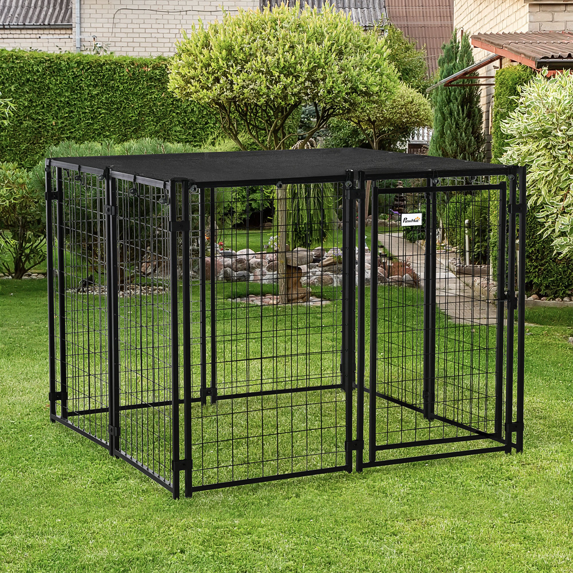 Outdoor Dog Kennel Run, Large Wire Steel Puppy Fence, Lockable Pet Playpen Crate Enclosure, with Top Cover, Door, Black