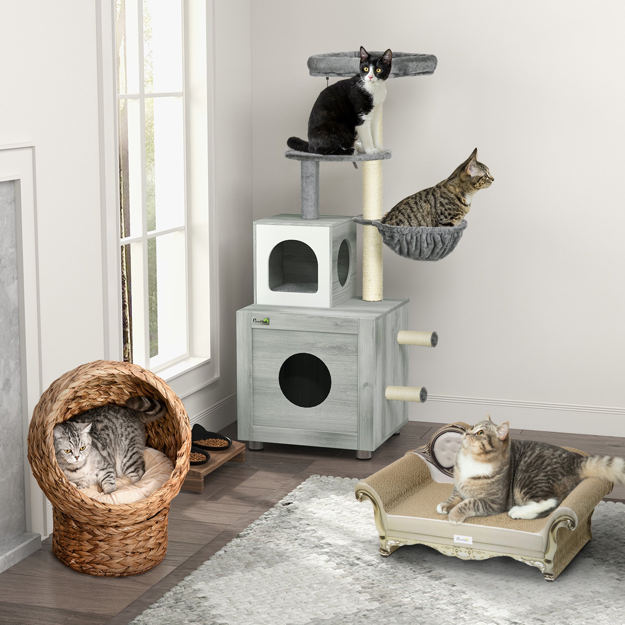 Wicker Cat House, Raised Cat Bed with Cylindrical Base, Soft Washable Cushion, Woven Water Hyacinth Cat Basket for Indoor and Outdoor, 42 x 33 x 52 cm - Brown