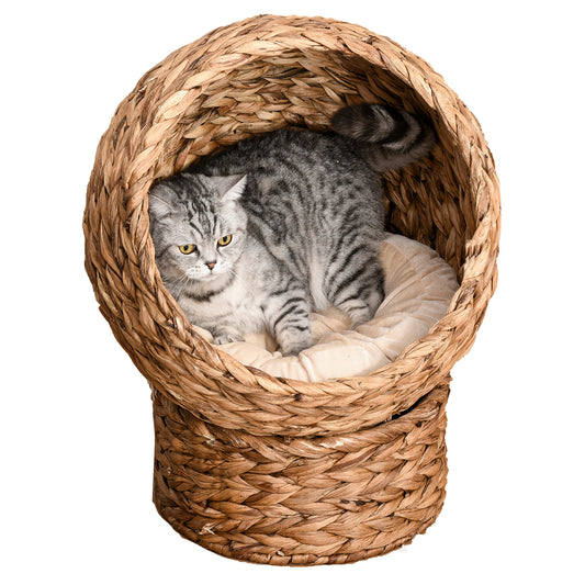 Wicker Cat House, Raised Cat Bed with Cylindrical Base, Soft Washable Cushion, Woven Water Hyacinth Cat Basket for Indoor and Outdoor, 42 x 33 x 52 cm - Brown