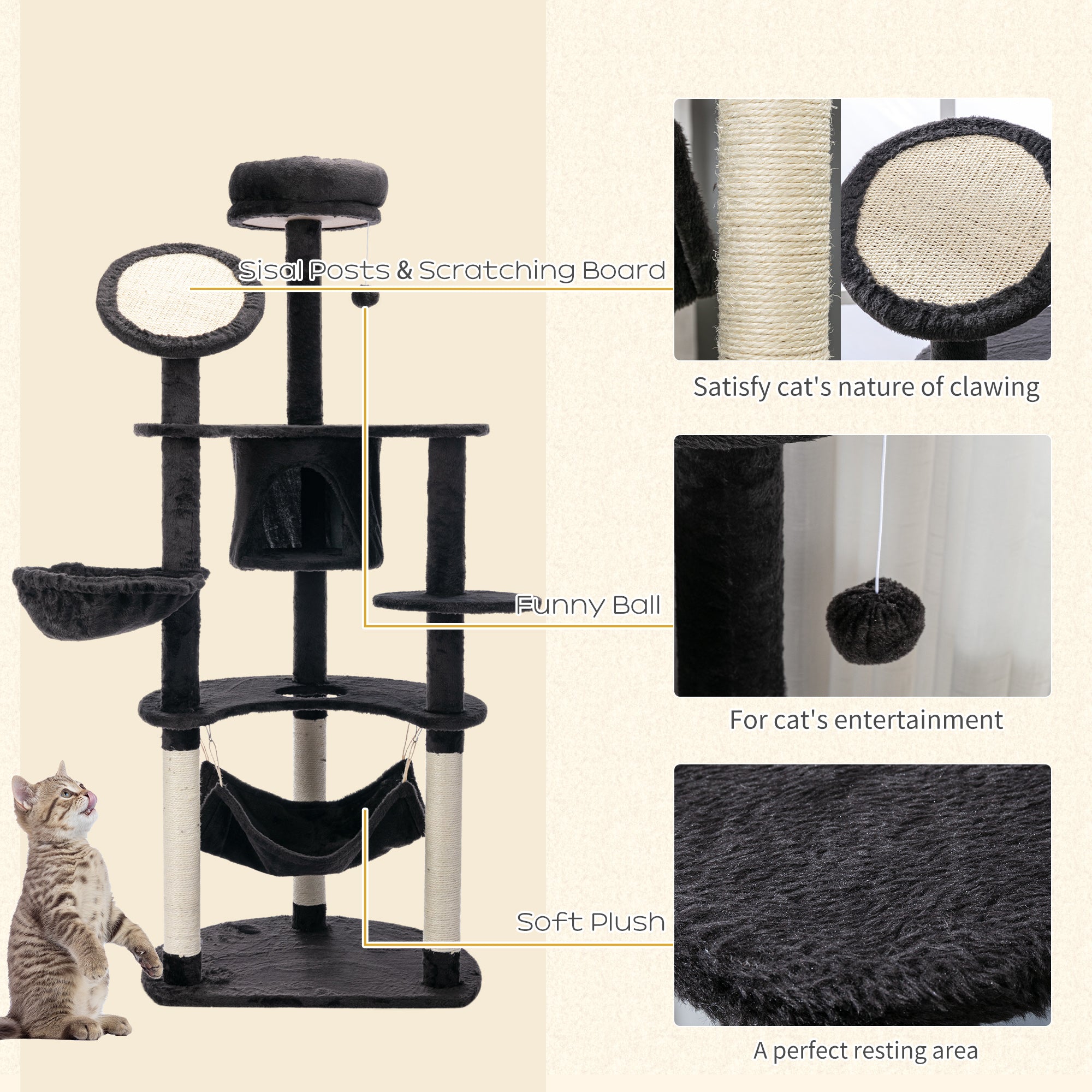 60 Inch Cat Tree for Large Cats Adult, Tall Cat Tower with Scratching Posts and 2 Hammocks, Multi-Level Plush Kitten Condo for Indoor Cats with Dangling Balls, Dark Grey