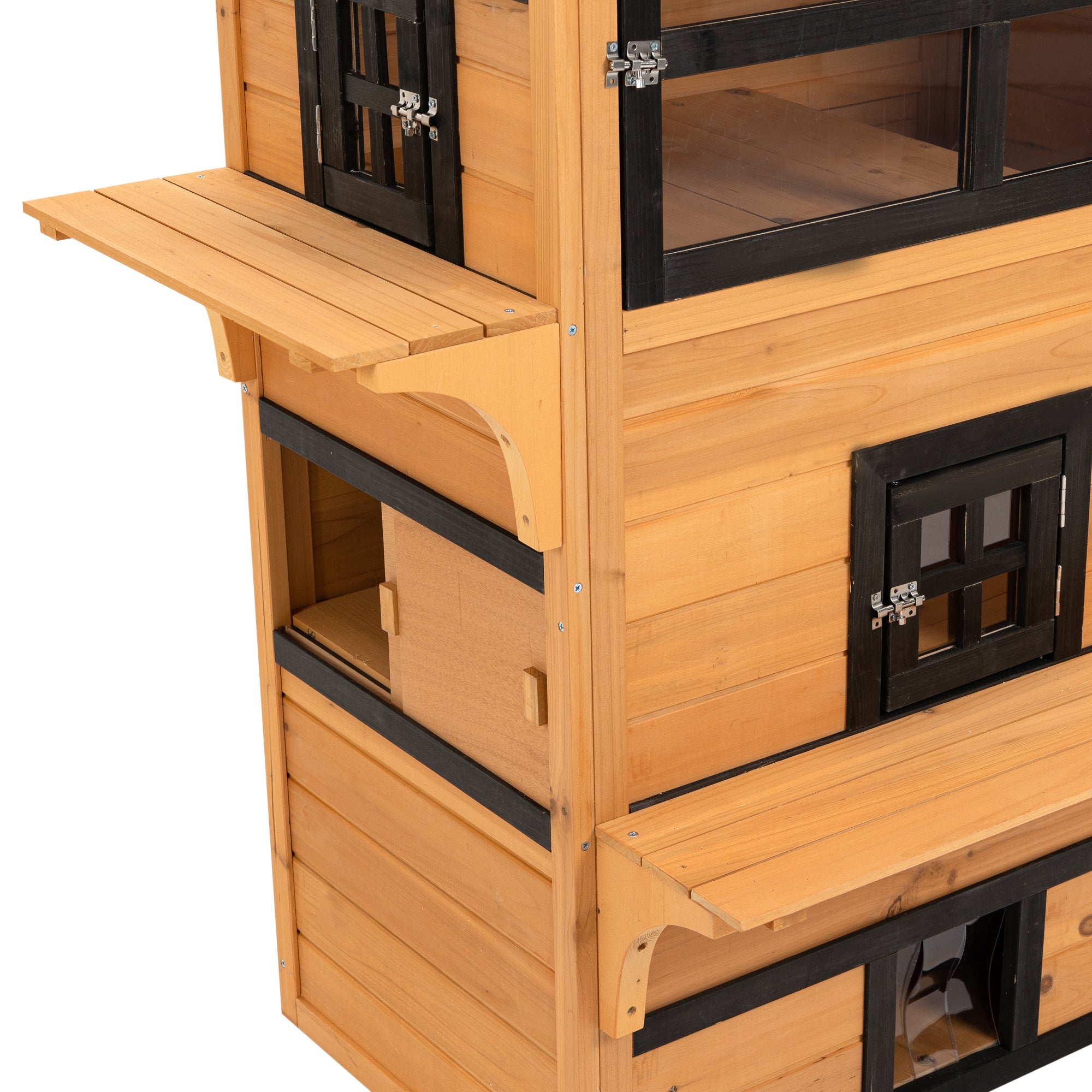 PawHut 3-Story Cat House Feral Cat Shelter, Outdoor Kitten Condo with Raised Floor, Asphalt Roof, Escape Doors, Jumping Platforms, Yellow