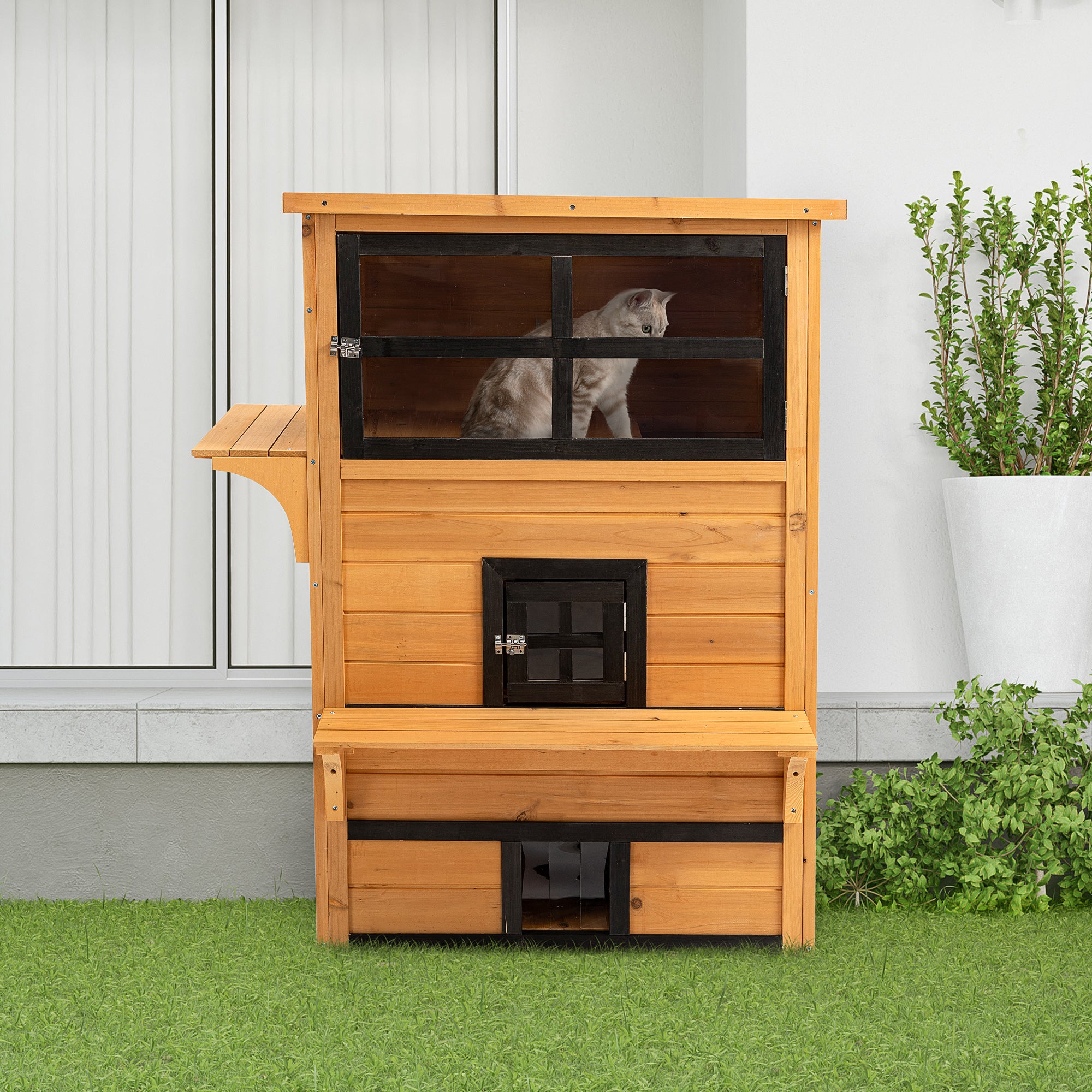 PawHut 3-Story Cat House Feral Cat Shelter, Outdoor Kitten Condo with Raised Floor, Asphalt Roof, Escape Doors, Jumping Platforms, Yellow