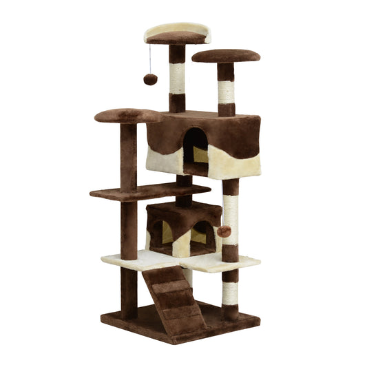 53" Cat Tree Tower, Large Cat Condo Furniture Multi-Level Activity Center with Scratching Posts, Perches, Ramp, Dangling Balls - Coffee