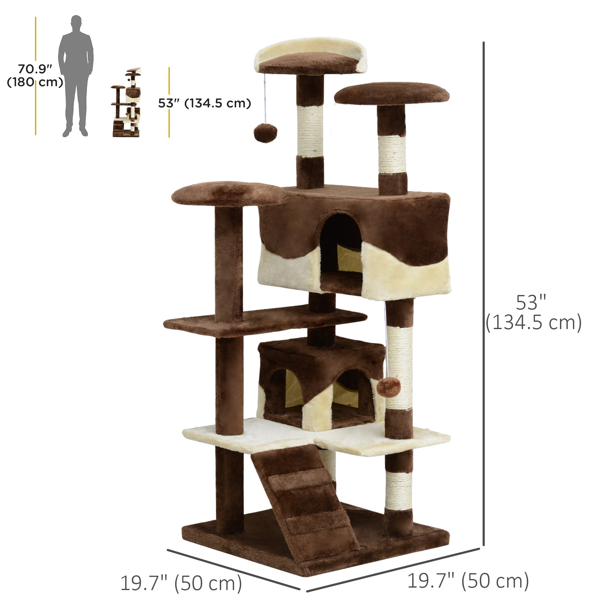 53" Cat Tree Tower, Large Cat Condo Furniture Multi-Level Activity Center with Scratching Posts, Perches, Ramp, Dangling Balls - Coffee