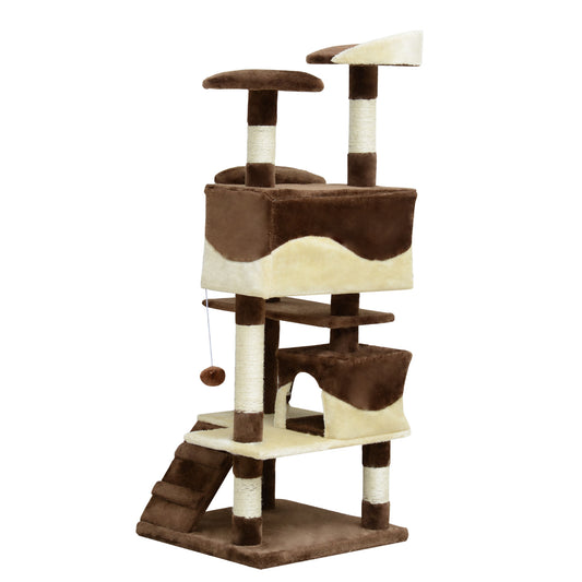 53" Cat Tree Tower, Large Cat Condo Furniture Multi-Level Activity Center with Scratching Posts, Perches, Ramp, Dangling Balls - Coffee