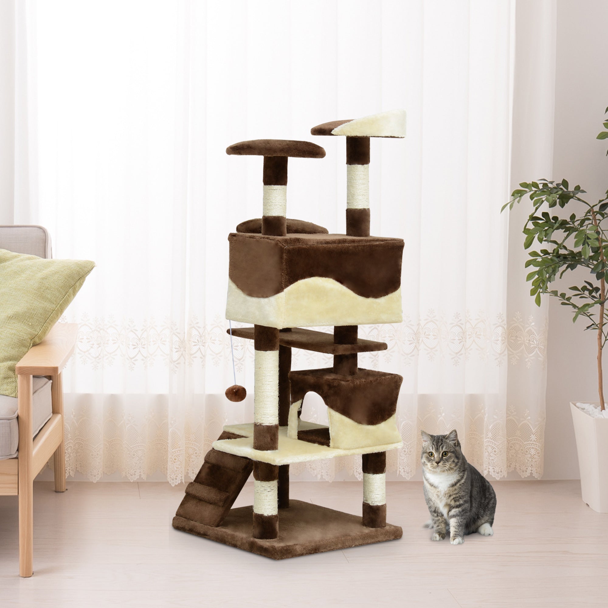 53" Cat Tree Tower, Large Cat Condo Furniture Multi-Level Activity Center with Scratching Posts, Perches, Ramp, Dangling Balls - Coffee