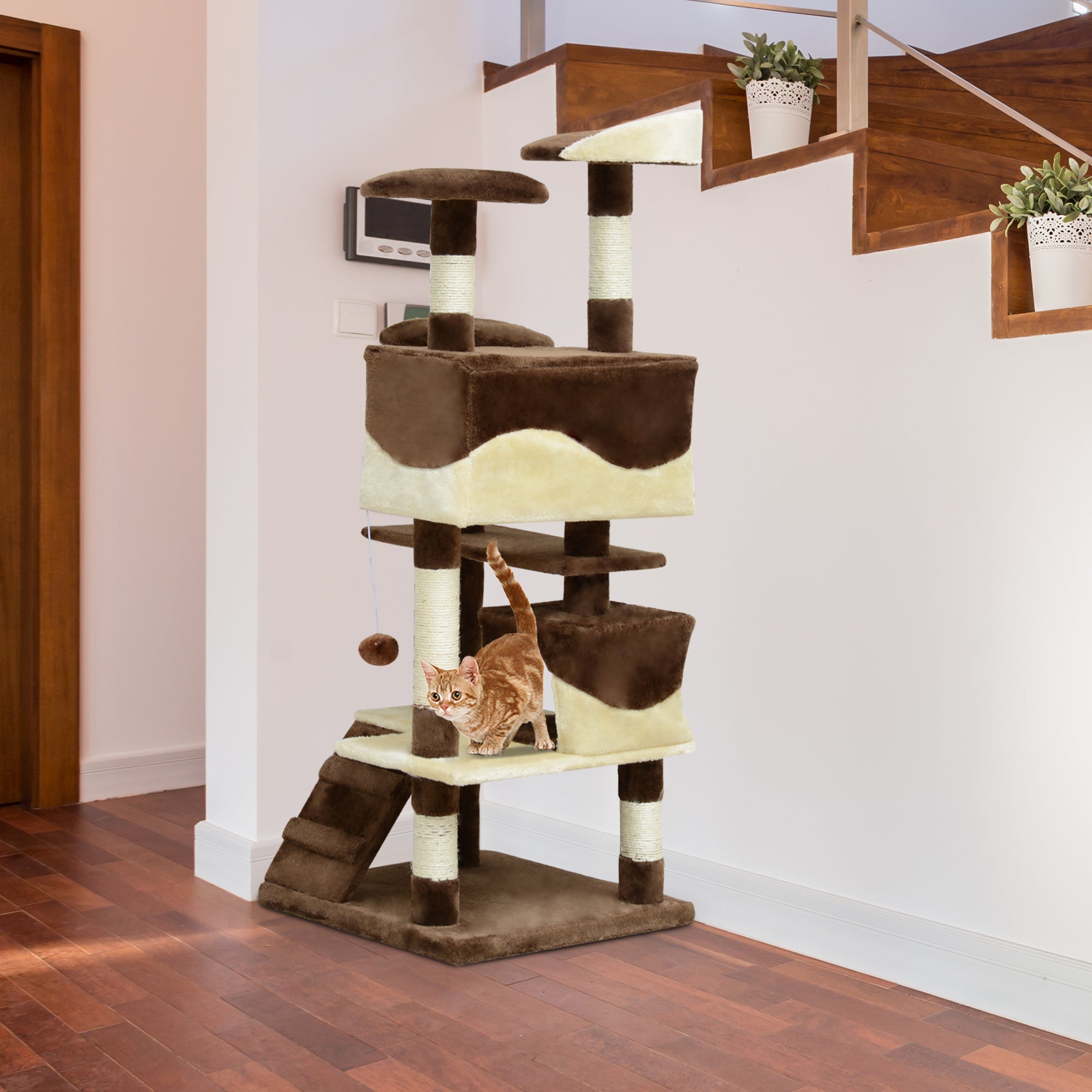 53" Cat Tree Tower, Large Cat Condo Furniture Multi-Level Activity Center with Scratching Posts, Perches, Ramp, Dangling Balls - Coffee