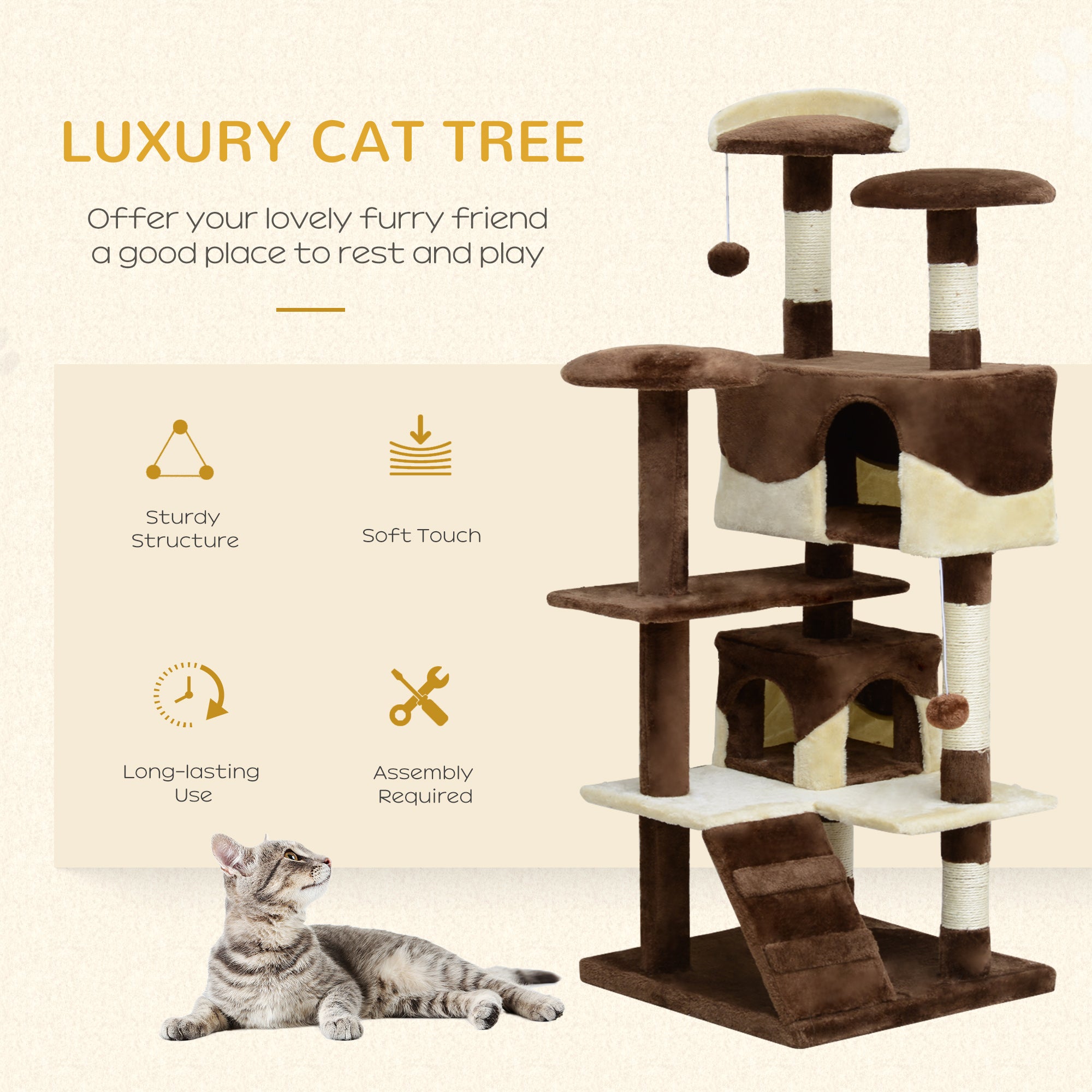 53" Cat Tree Tower, Large Cat Condo Furniture Multi-Level Activity Center with Scratching Posts, Perches, Ramp, Dangling Balls - Coffee