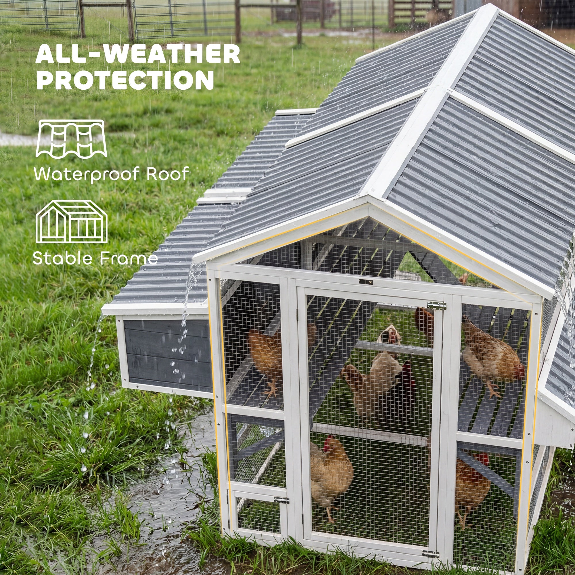 Wooden Chicken Coop, Large Outdoor Hen House with 2 Feeders, 2 Nesting Boxes, 2 Roosting Bars, Ramps, Waterproof Roof, Poultry Cage for 6-8 Chickens, 95" x 69" x 59"
