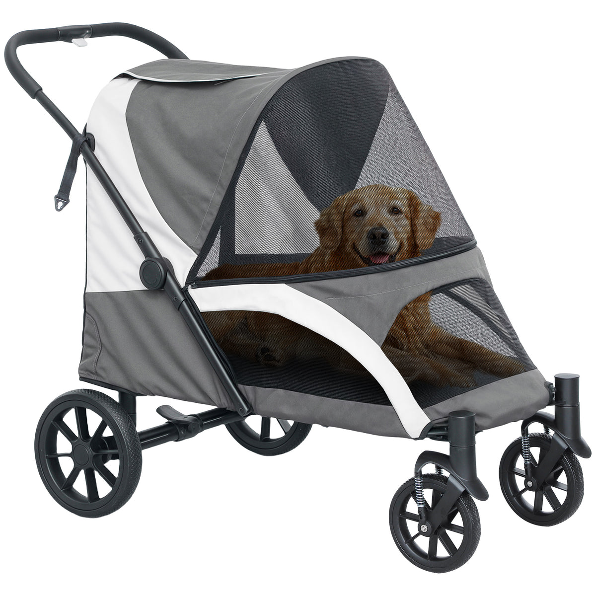 Pet Stroller for Small Medium Large Dogs and Cats, Foldable Dog Stroller with 4 Wheels, Shock-Absorbing Frame, Safety Leashes, Brakes, for Pets up to 66 lbs, Dark Grey