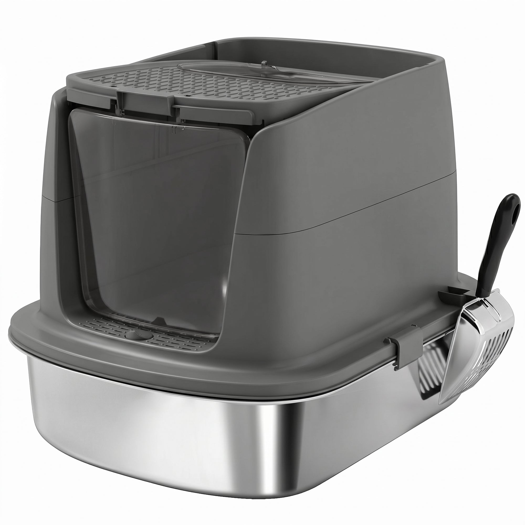 Stainless Steel Litter Box with Lid, Large Hooded Cat Litter Tray with Flip Cover, Metal Scoop, Deodoriser Bag, Non-Sticky, Odour Control and Easy Clean, Dark Grey
