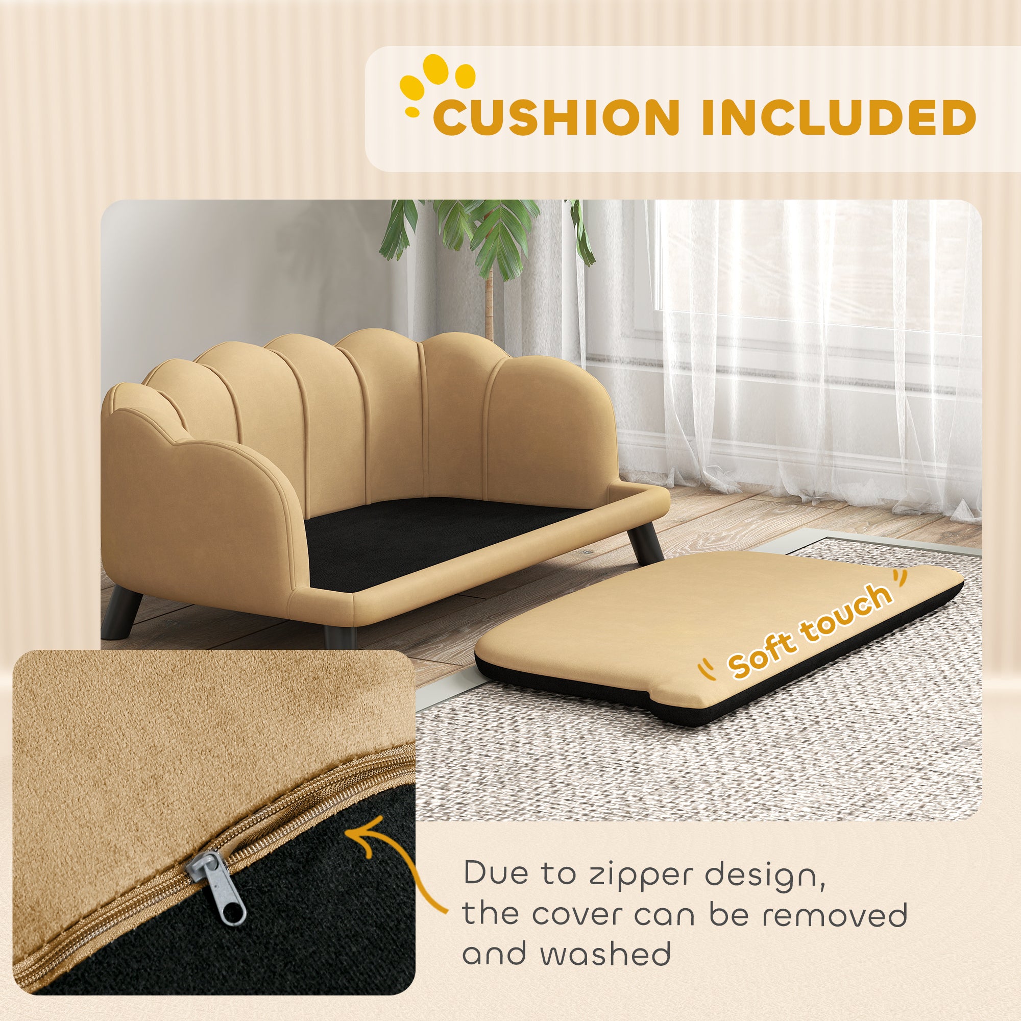 Velvet Large Dog Couch with Foam Cushion, Soft and Cute Dog Bed with Pearl Design, Dog Sofa for Big and Medium Dogs, Coffee