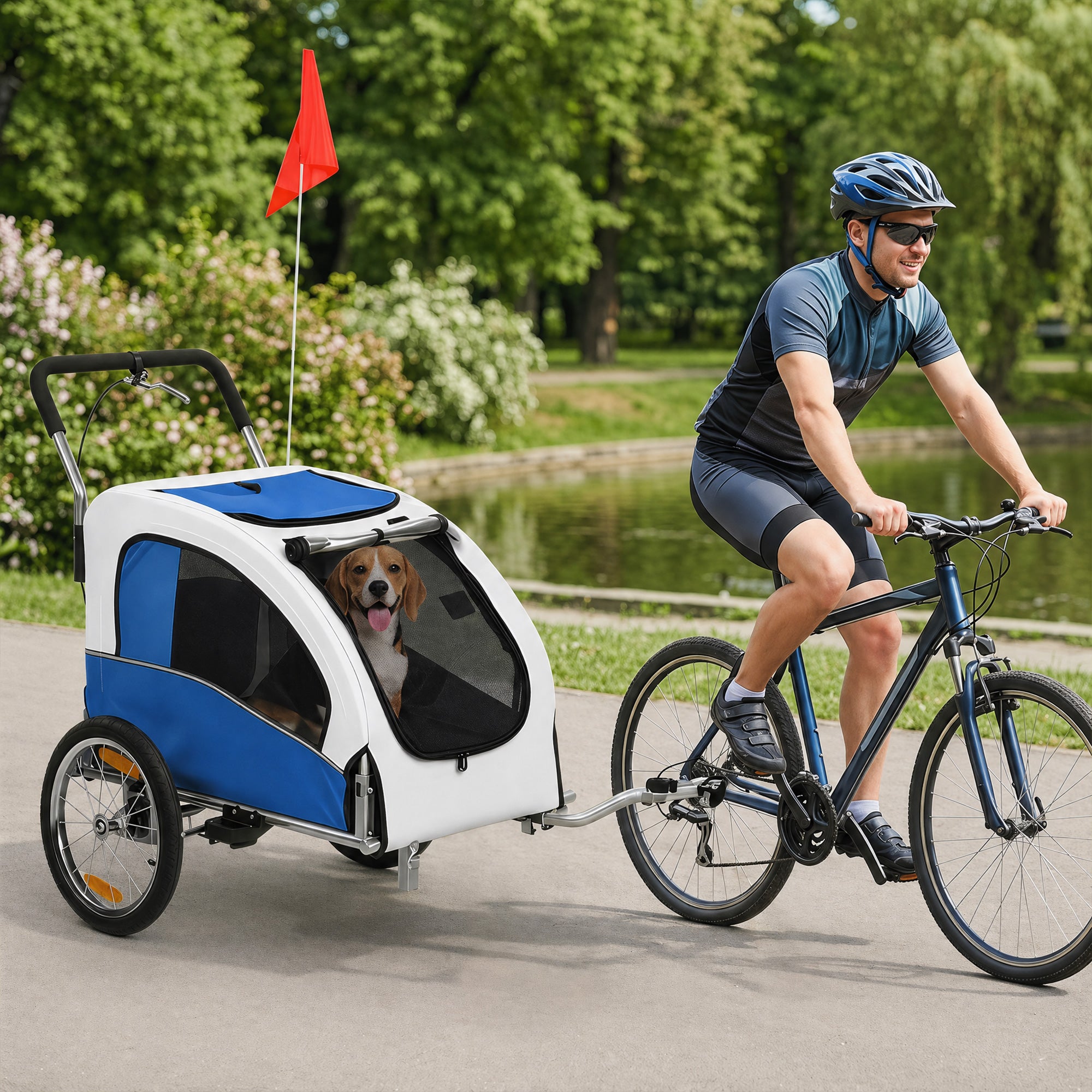 Dog Bike Trailer, 2-in-1 Pet Stroller Cart Bicycle Carrier, Folding Cart Frame with Suspension, Universal Bicycle Coupler, Reflectors, Flag, for Medium Dogs Up to 44 LBS, Light Gray