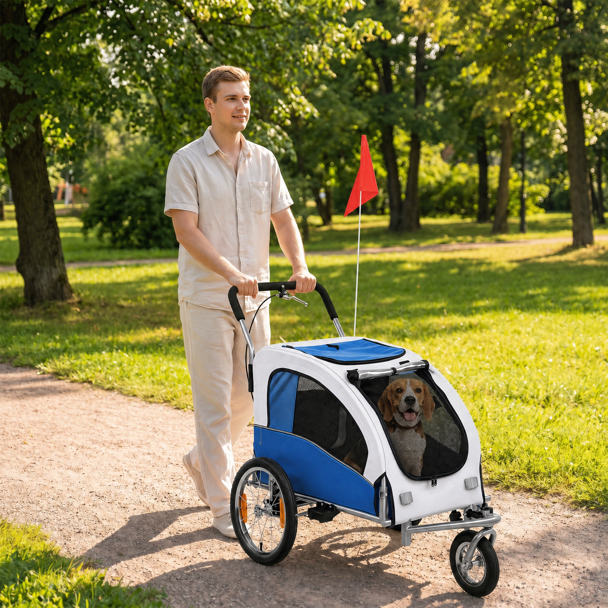 Dog Bike Trailer, 2-in-1 Pet Stroller Cart Bicycle Carrier, Folding Cart Frame with Suspension, Universal Bicycle Coupler, Reflectors, Flag, for Medium Dogs Up to 44 LBS, Light Gray