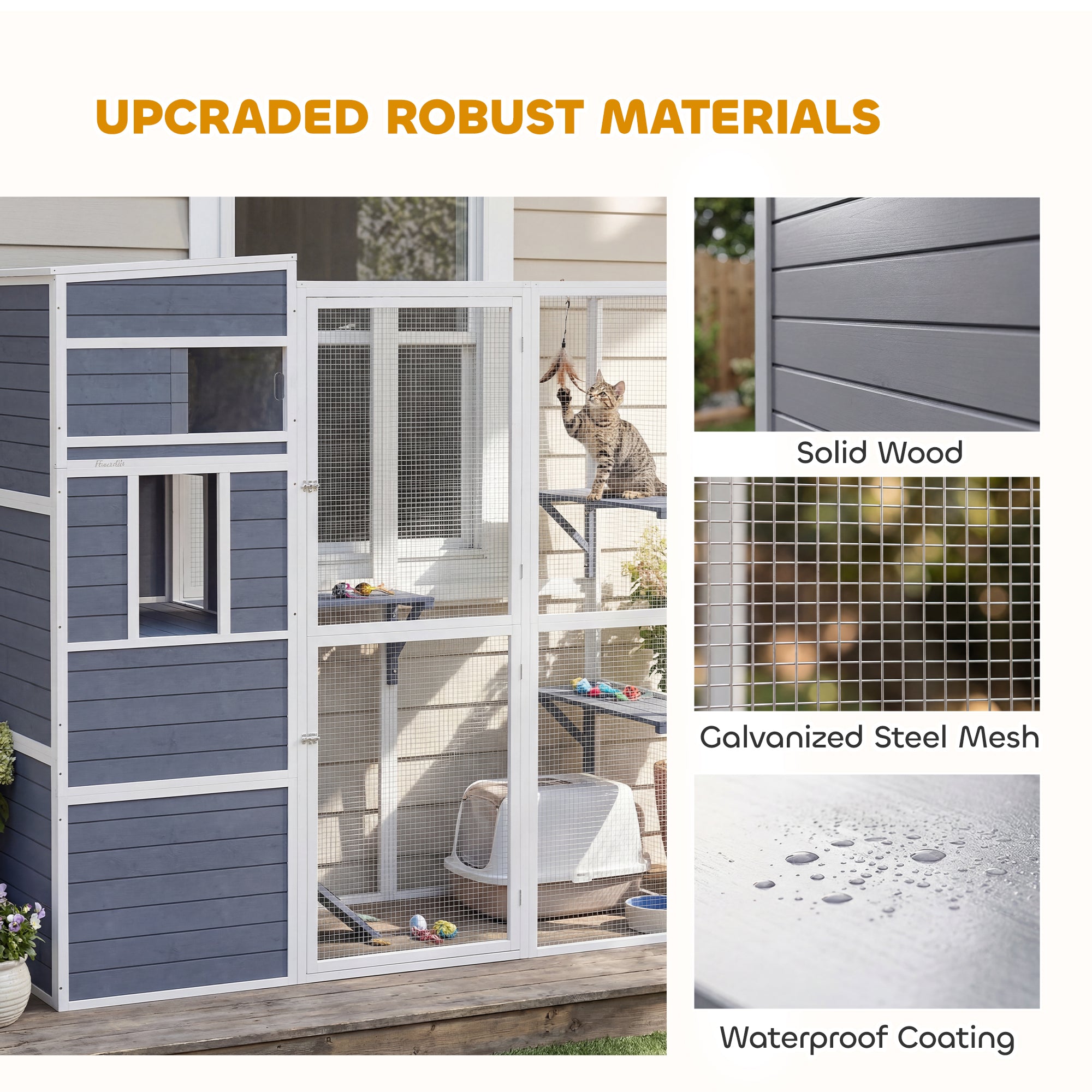 Wooden Catio, 4-Tier Catio Cat Outdoor Enclosure with All-Weather Sun Roof, Spacious Resting Rooms, 3 Platforms, Window for Multiple Cats Outdoor Indoor, Grey