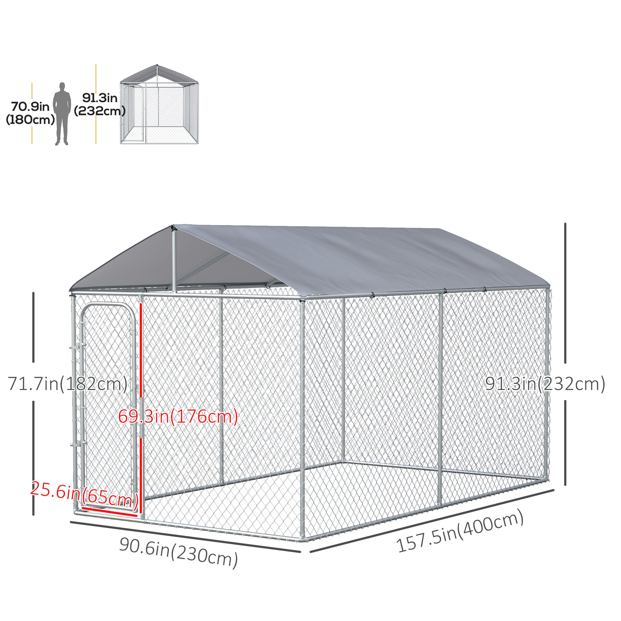 Dog Kennel Outdoor Run Fence with Roof, Steel Lock, Mesh Sidewalls for Backyard & Patio, 13.1' x 7.5' x 7.5'