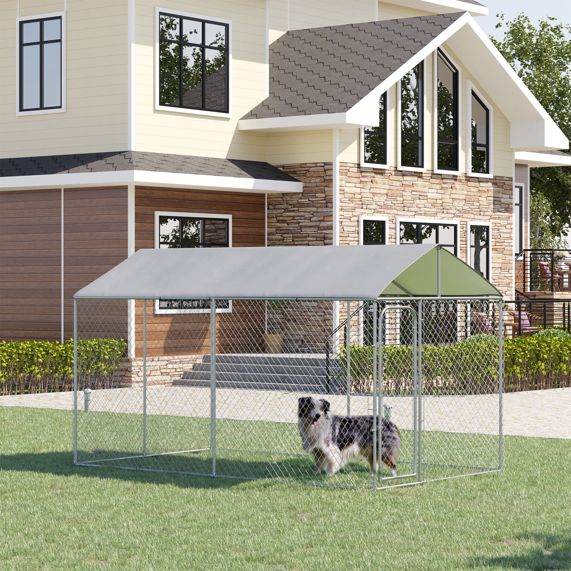 Dog Kennel Outdoor Run Fence with Roof, Steel Lock, Mesh Sidewalls for Backyard & Patio, 13.1' x 7.5' x 7.5'