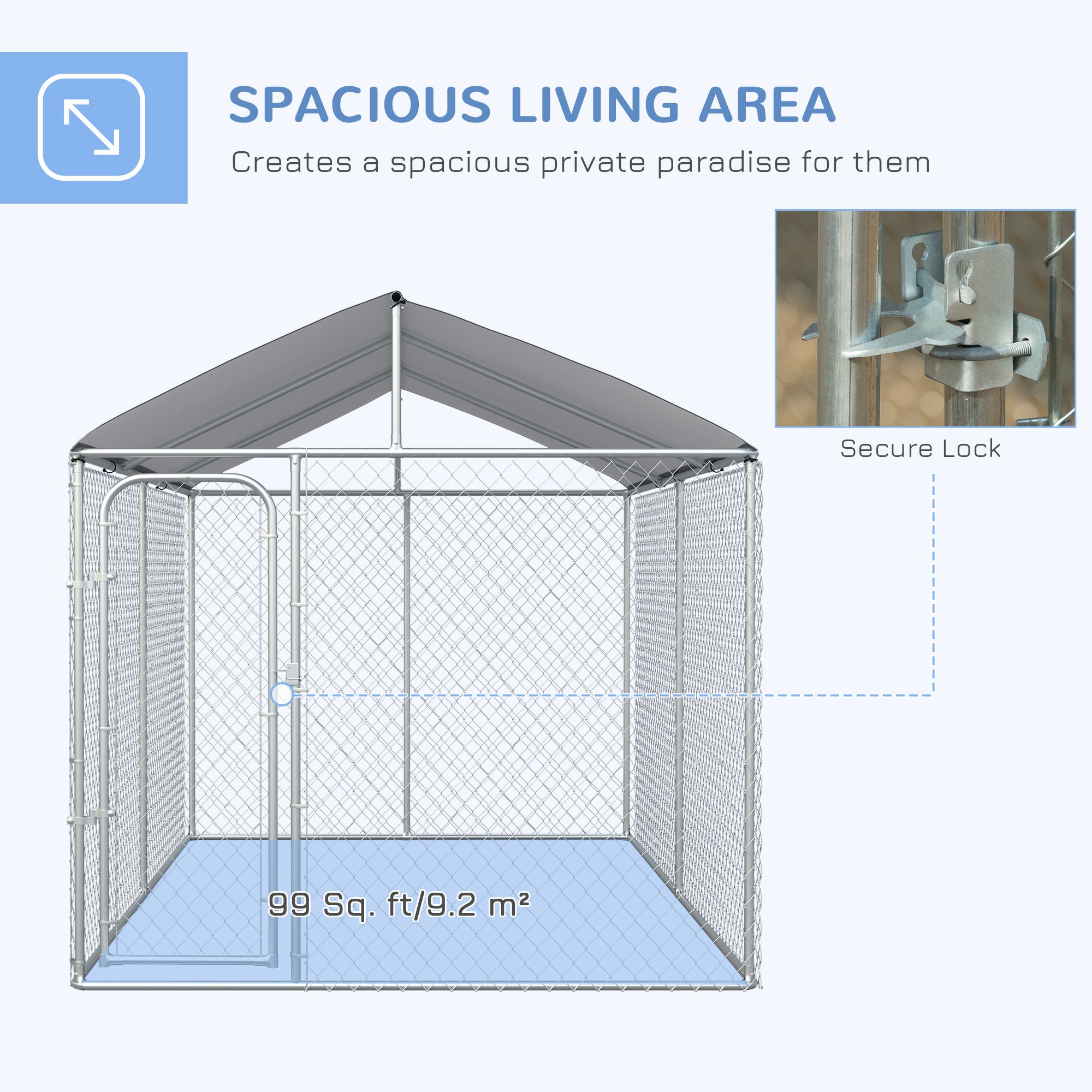 Dog Kennel Outdoor Run Fence with Roof, Steel Lock, Mesh Sidewalls for Backyard & Patio, 13.1' x 7.5' x 7.5'