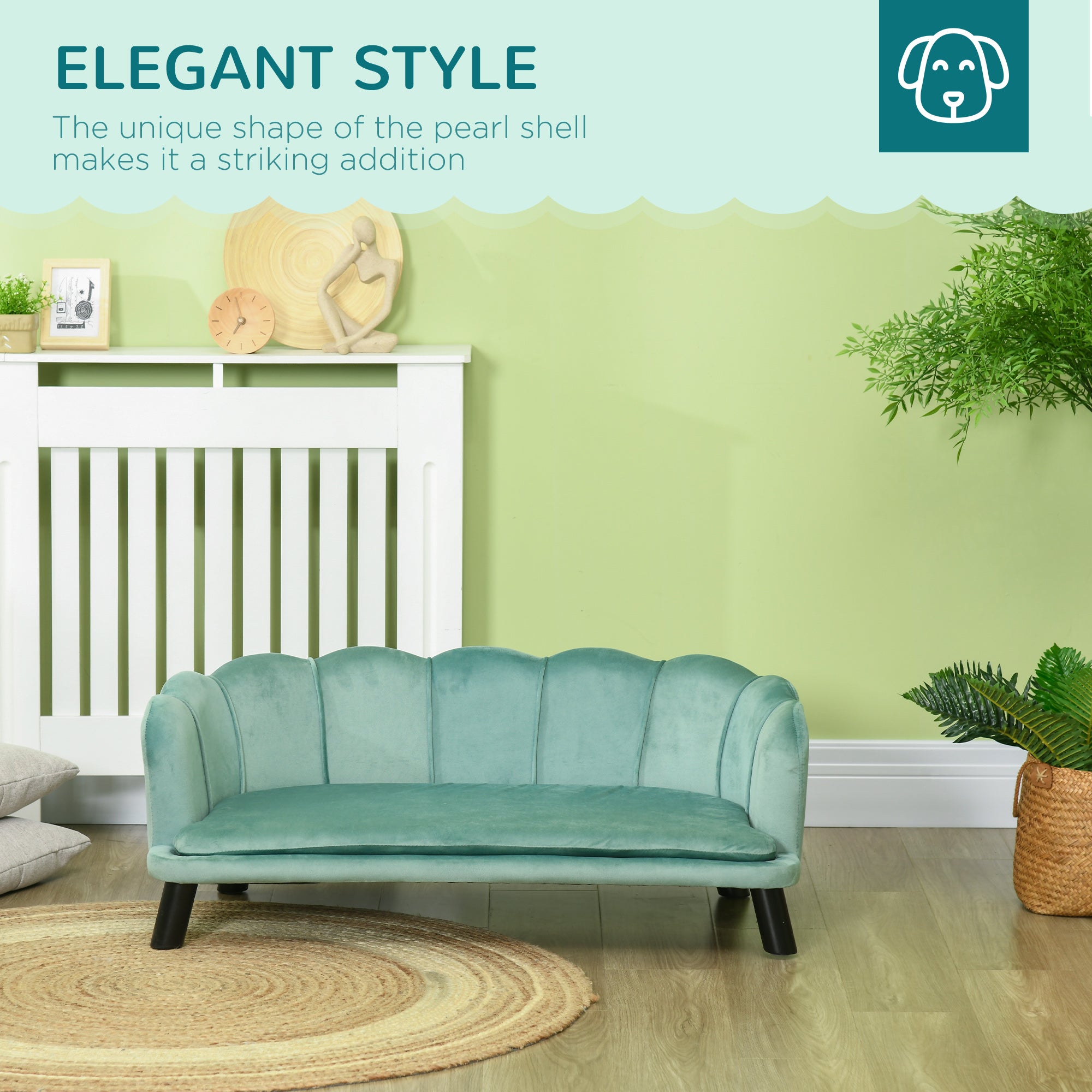 Dog Sofa for Medium, Large Dogs, Shell Shaped Pet Couch Bed with Legs, Cushion, Washable Cover - Green