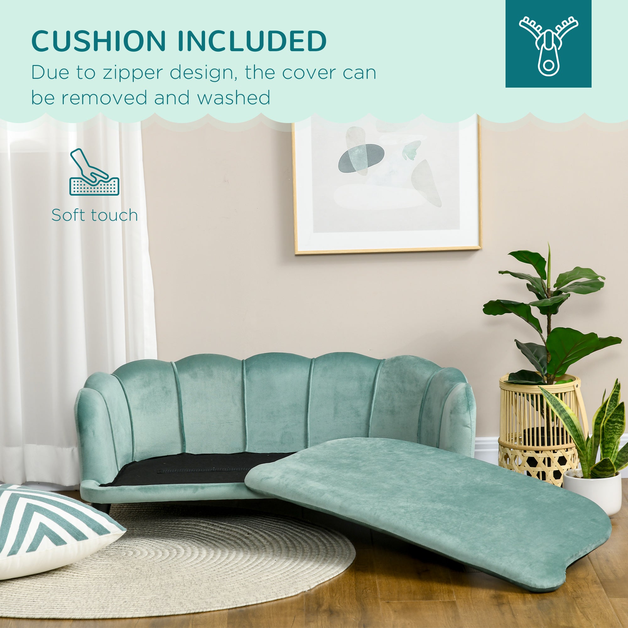 Dog Sofa for Medium, Large Dogs, Shell Shaped Pet Couch Bed with Legs, Cushion, Washable Cover - Green