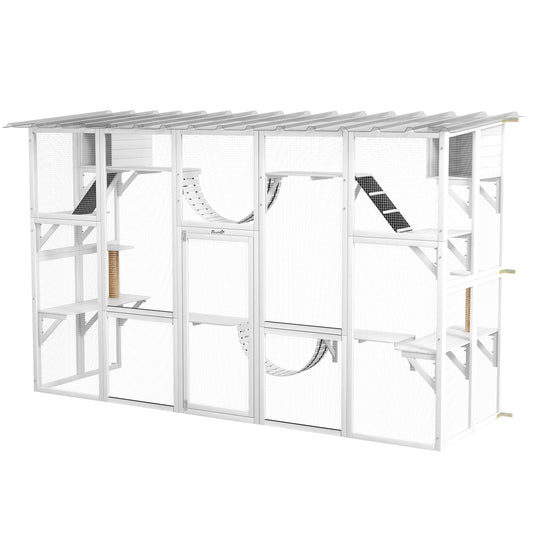 Catio, Large Outdoor Cat Enclosure with Cat Condos, Platforms, Ladders, Doors, Weather-Resistant Roof, Wooden Cat Cage for 1-4 Cats, White