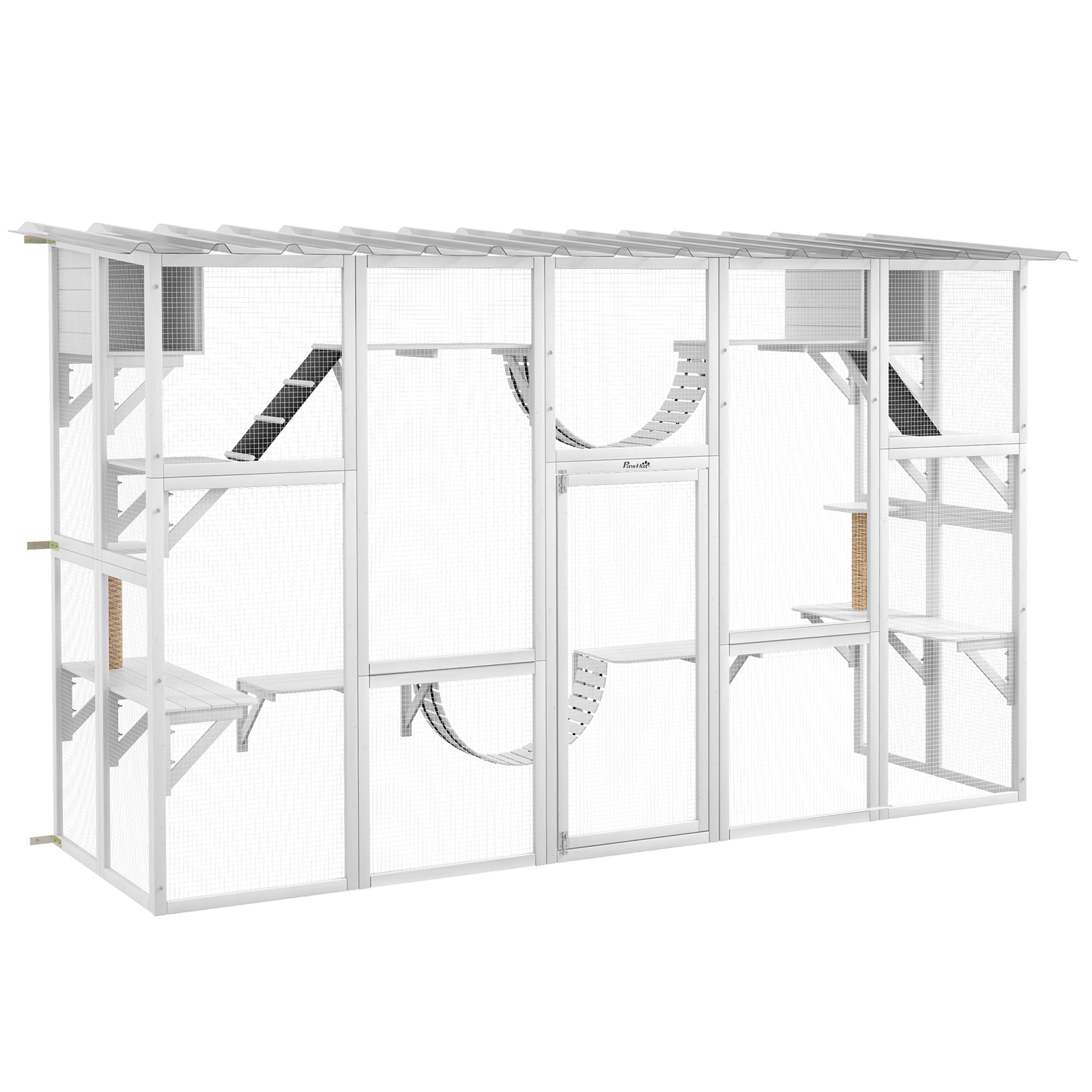 Catio, Large Outdoor Cat Enclosure with Cat Condos, Platforms, Ladders, Doors, Weather-Resistant Roof, Wooden Cat Cage for 1-4 Cats, White