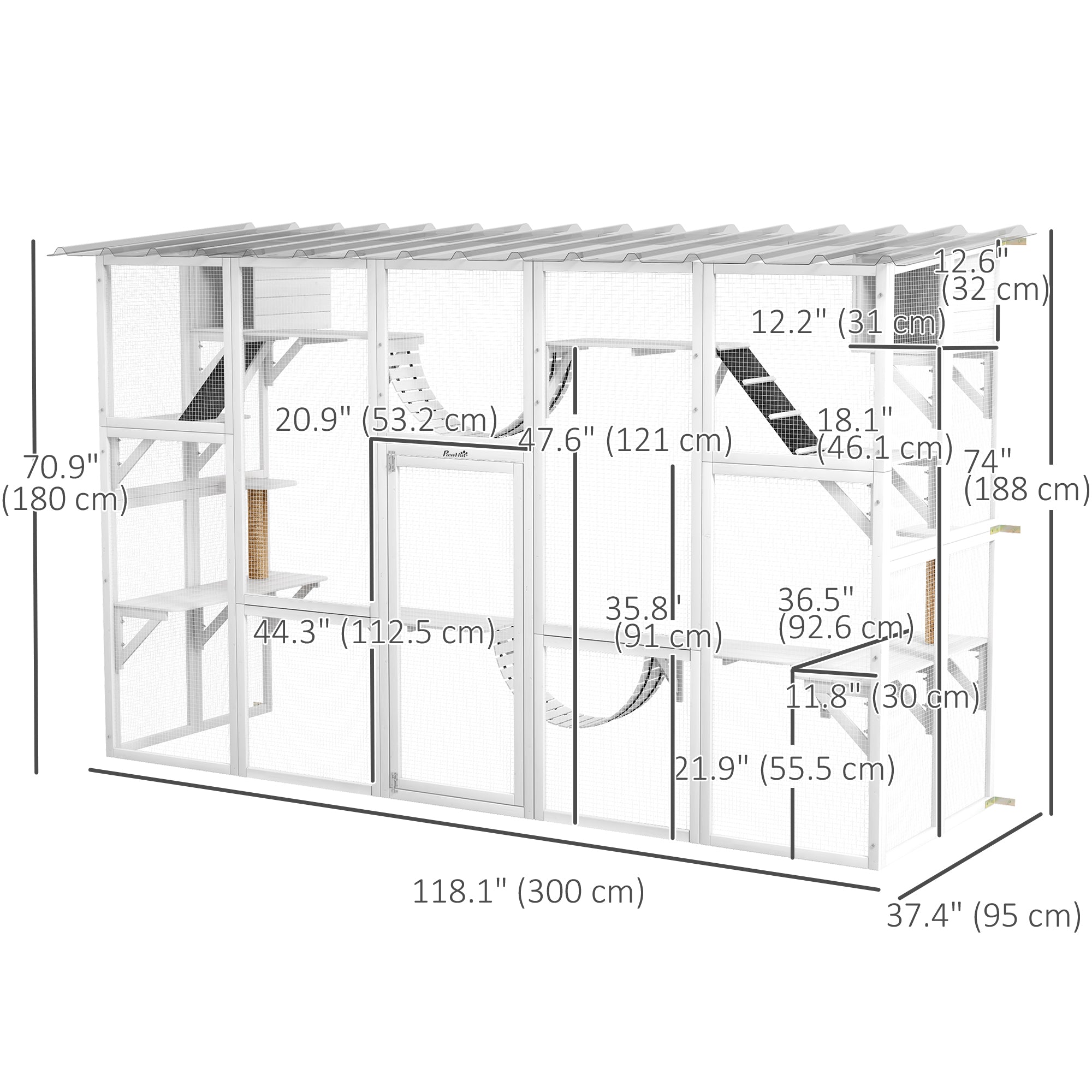 Catio, Large Outdoor Cat Enclosure with Cat Condos, Platforms, Ladders, Doors, Weather-Resistant Roof, Wooden Cat Cage for 1-4 Cats, White