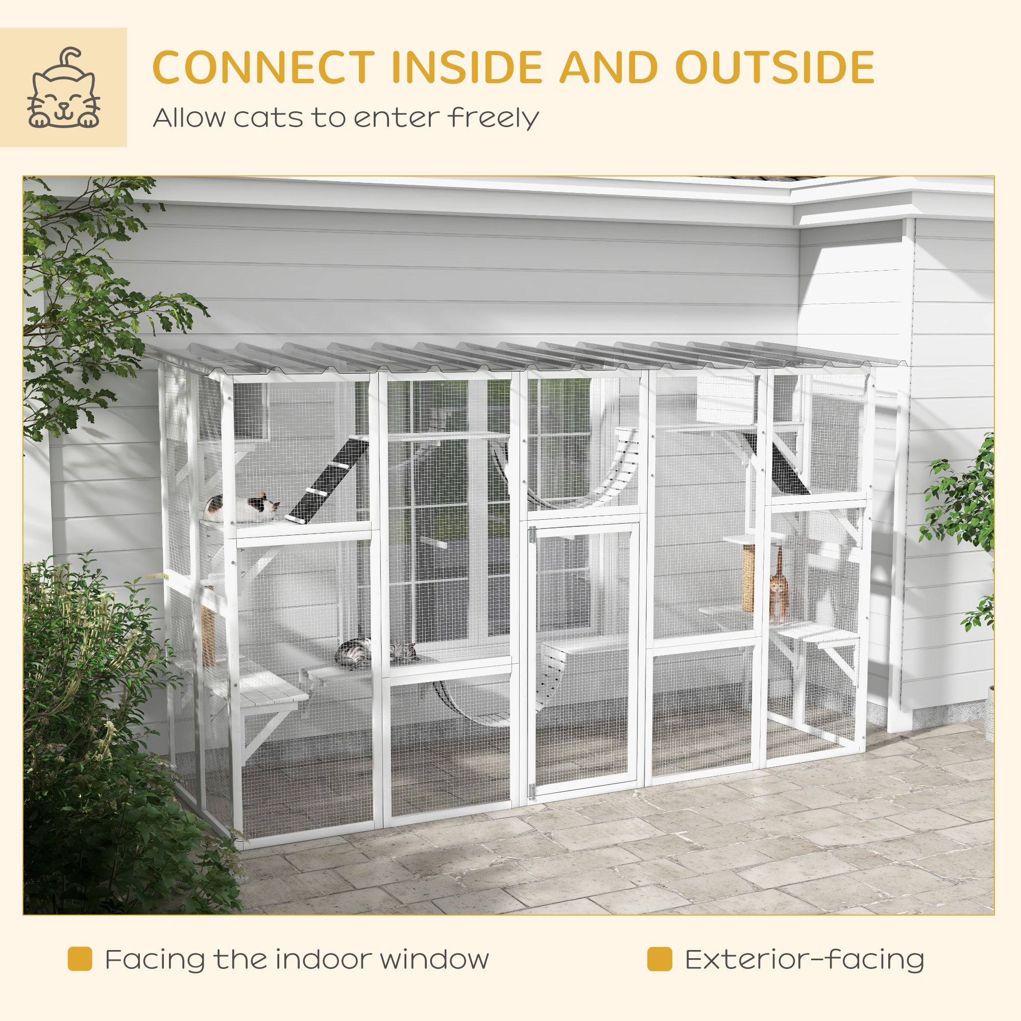 Catio, Large Outdoor Cat Enclosure with Cat Condos, Platforms, Ladders, Doors, Weather-Resistant Roof, Wooden Cat Cage for 1-4 Cats, White