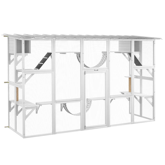 Catio, Large Outdoor Cat Enclosure with Cat Condos, Platforms, Ladders, Doors, Weather-Resistant Roof, Wooden Cat Cage for 1-4 Cats, White