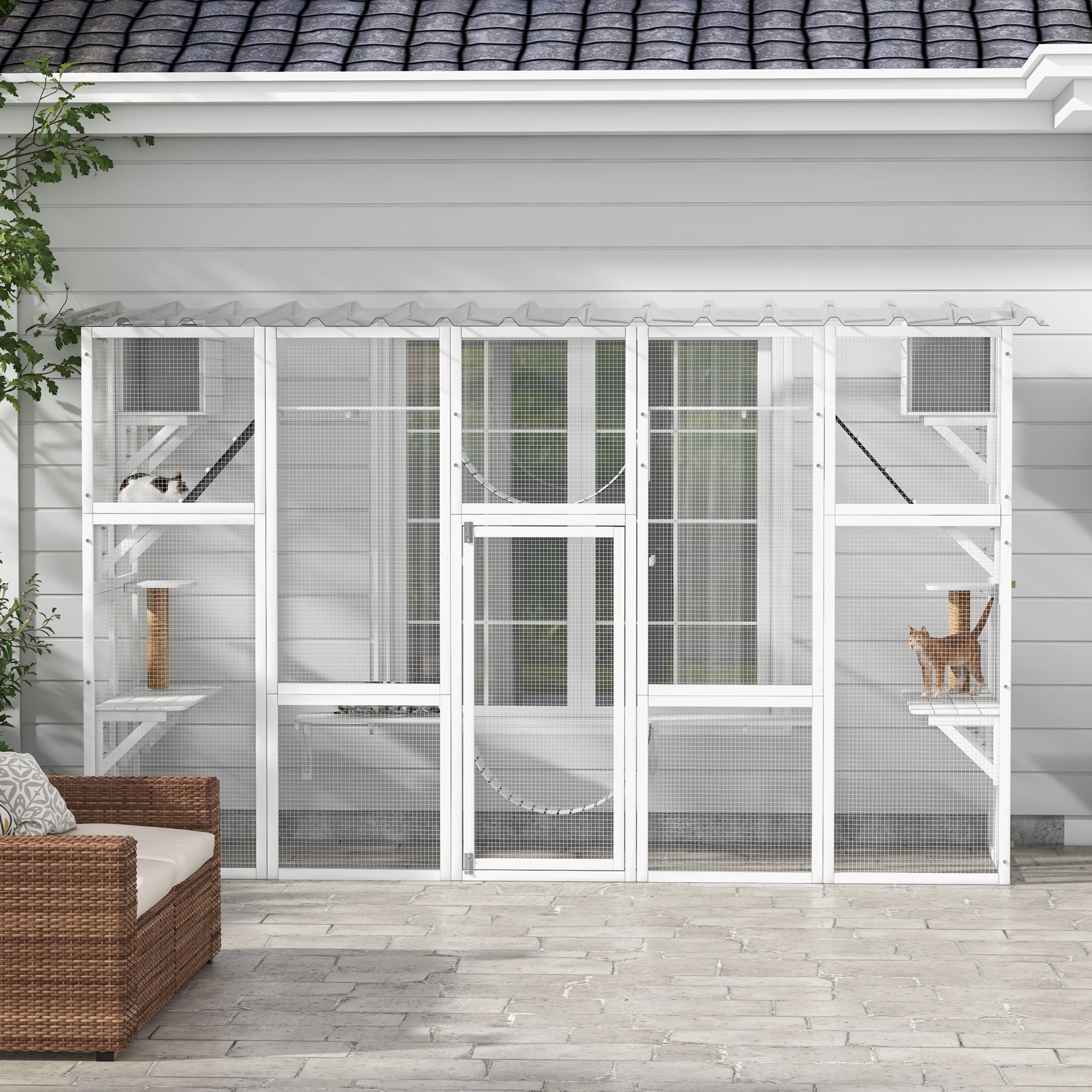 Catio, Large Outdoor Cat Enclosure with Cat Condos, Platforms, Ladders, Doors, Weather-Resistant Roof, Wooden Cat Cage for 1-4 Cats, White