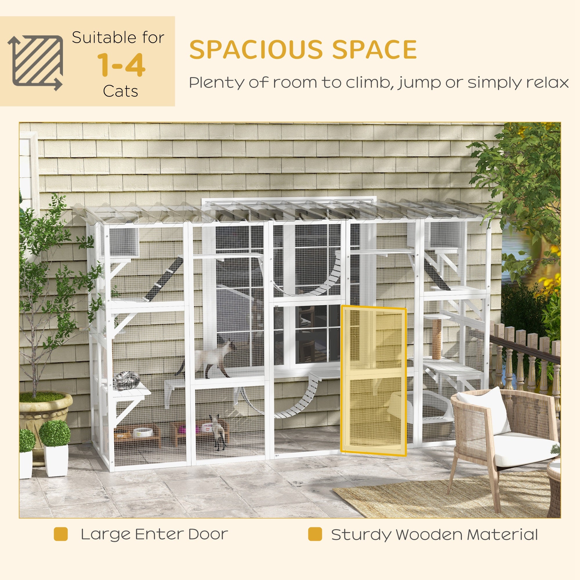Catio, Large Outdoor Cat Enclosure with Cat Condos, Platforms, Ladders, Doors, Weather-Resistant Roof, Wooden Cat Cage for 1-4 Cats, White