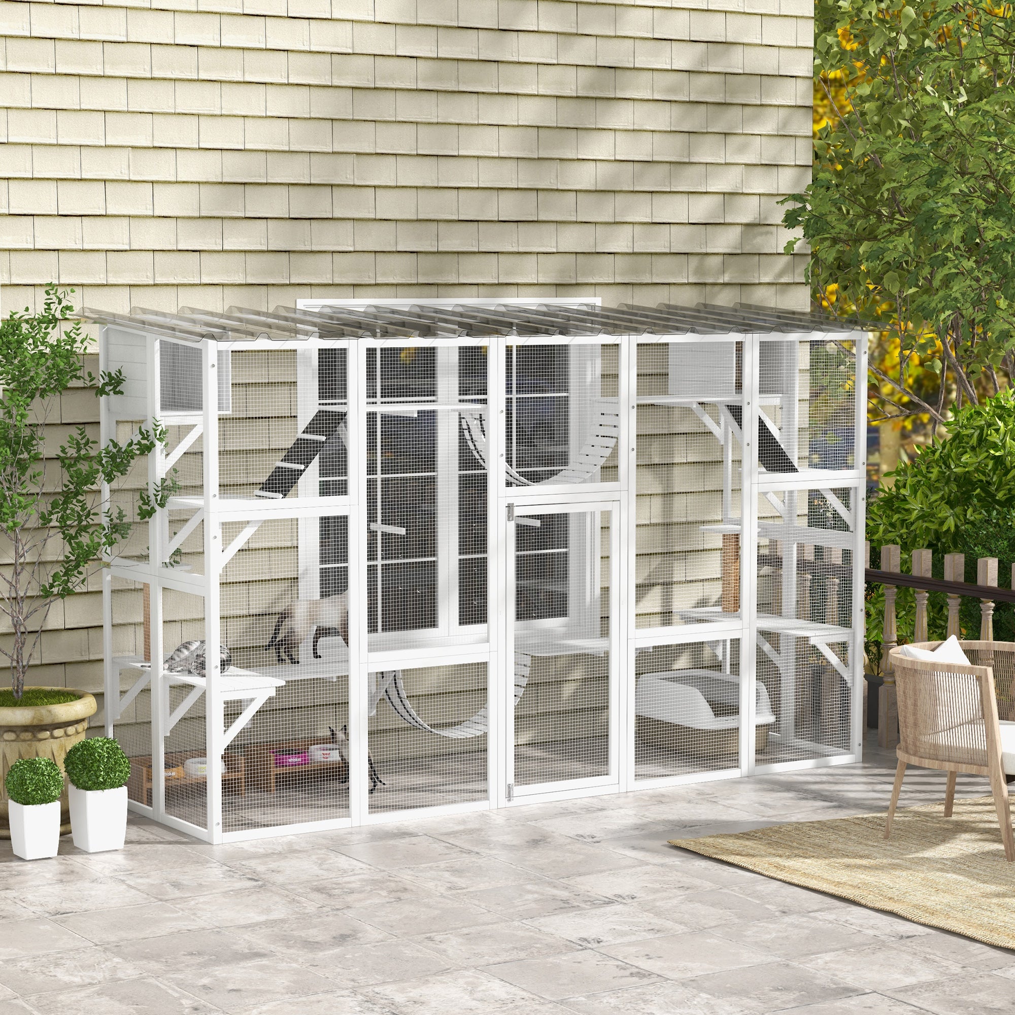 Catio, Large Outdoor Cat Enclosure with Cat Condos, Platforms, Ladders, Doors, Weather-Resistant Roof, Wooden Cat Cage for 1-4 Cats, White