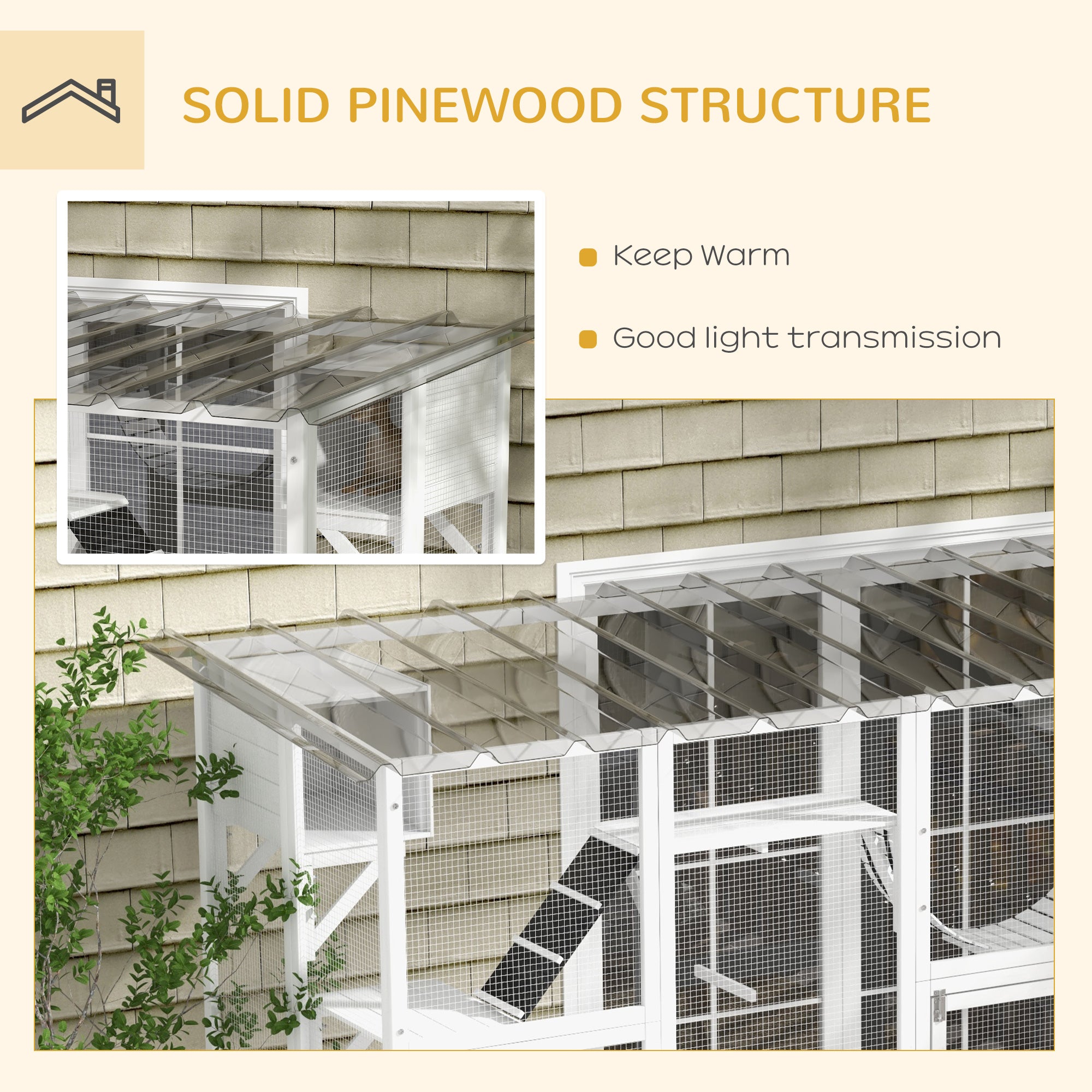 Catio, Large Outdoor Cat Enclosure with Cat Condos, Platforms, Ladders, Doors, Weather-Resistant Roof, Wooden Cat Cage for 1-4 Cats, White