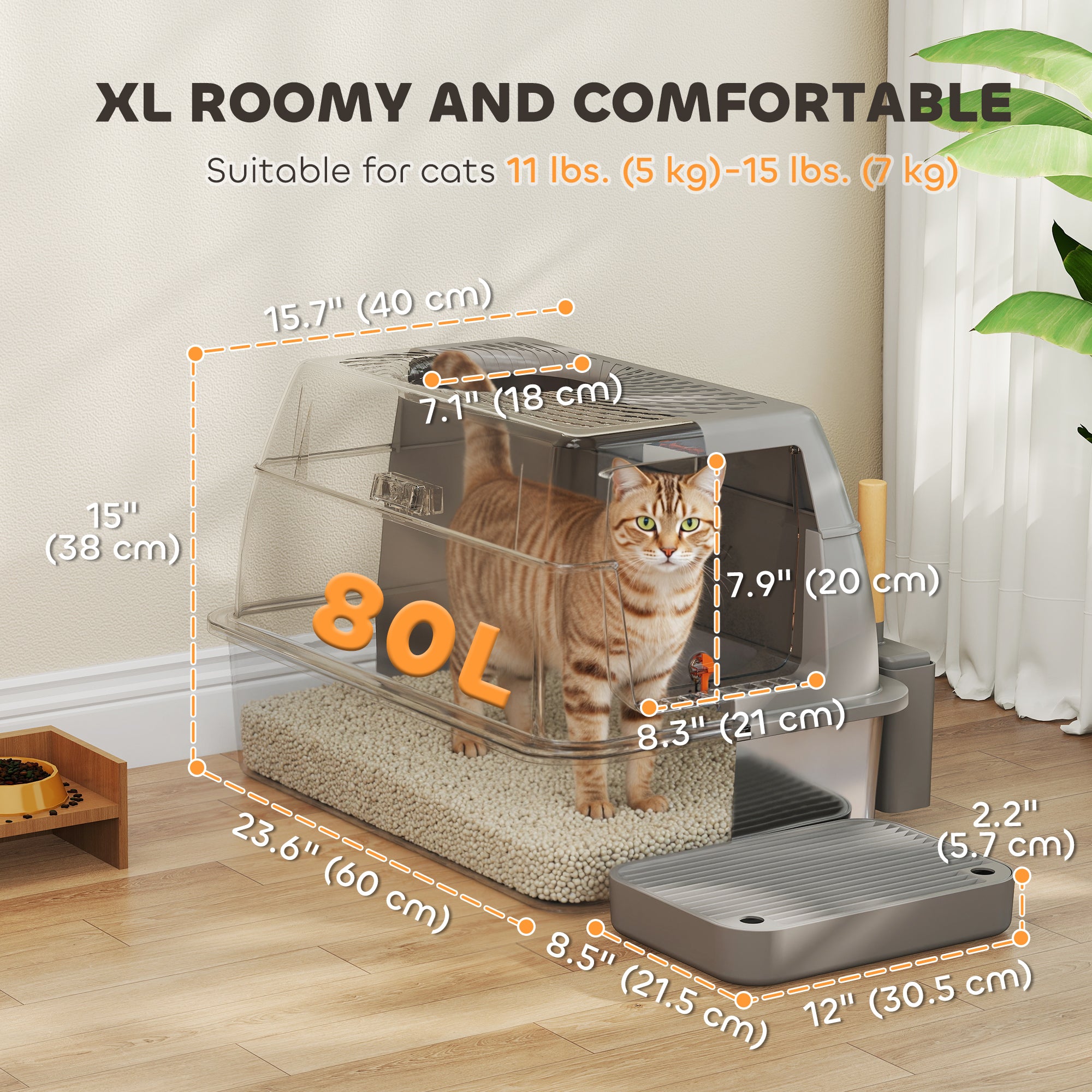 XL Stainless Steel Litter Box with Lid, 80L Extra Large Enclosed Cat Litter Box with Front/Top Entry, Trapping Step, Scoop, for Large Big Cats, Dark Grey