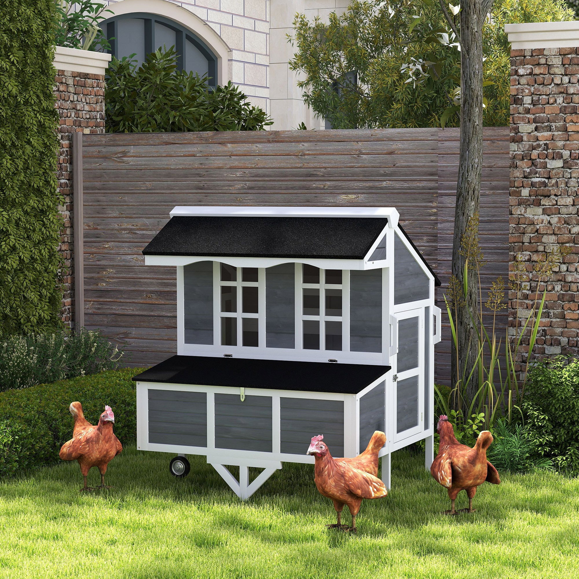 43" Chicken Coop with Wheels, Mobile Chicken House with Nesting Box, Windows, Pull-out Tray, Perches, Wooden Chicken Tractor for 2-4 Hens, Rabbits, for Backyard, Patio, Gray