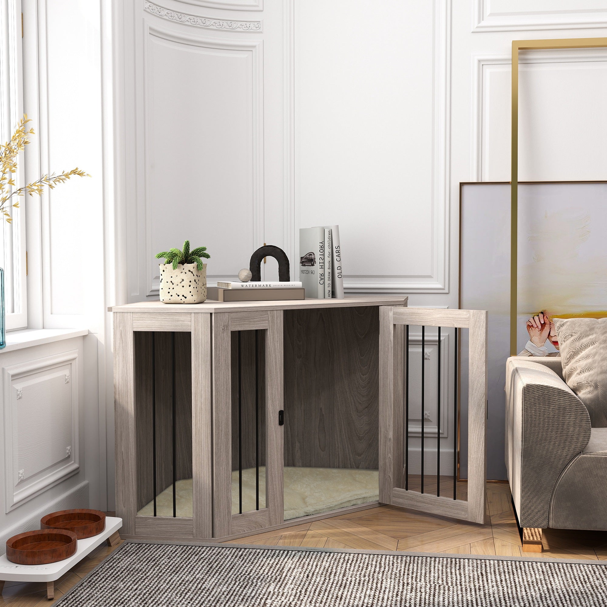 2 in 1 Dog Crate Furniture, Side Table Dog Kennel with Cushion, Large Door, for Large Dogs - Walnut Brown