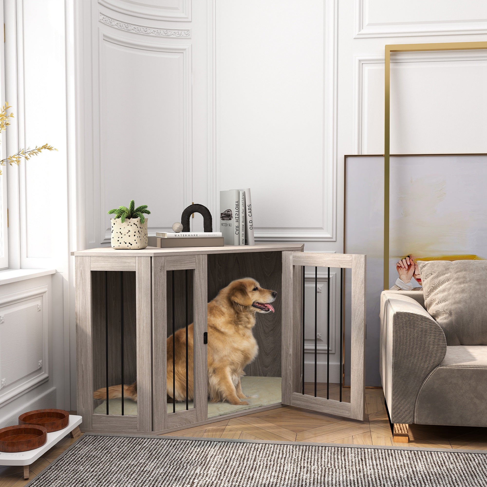 2 in 1 Dog Crate Furniture, Side Table Dog Kennel with Cushion, Large Door, for Large Dogs - Walnut Brown