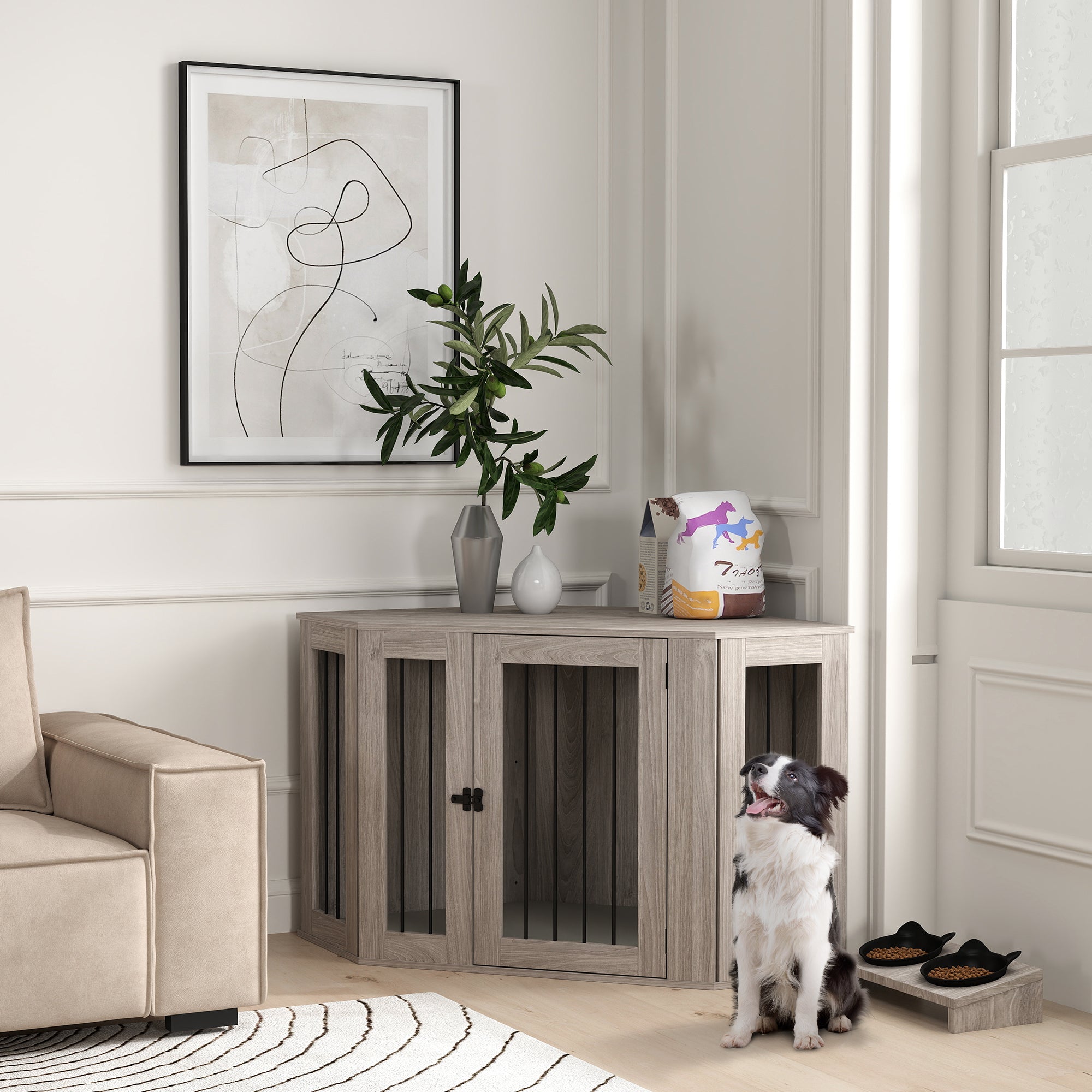 2 in 1 Dog Crate Furniture, Side Table Dog Kennel with Cushion, Large Door, for Large Dogs - Walnut Brown
