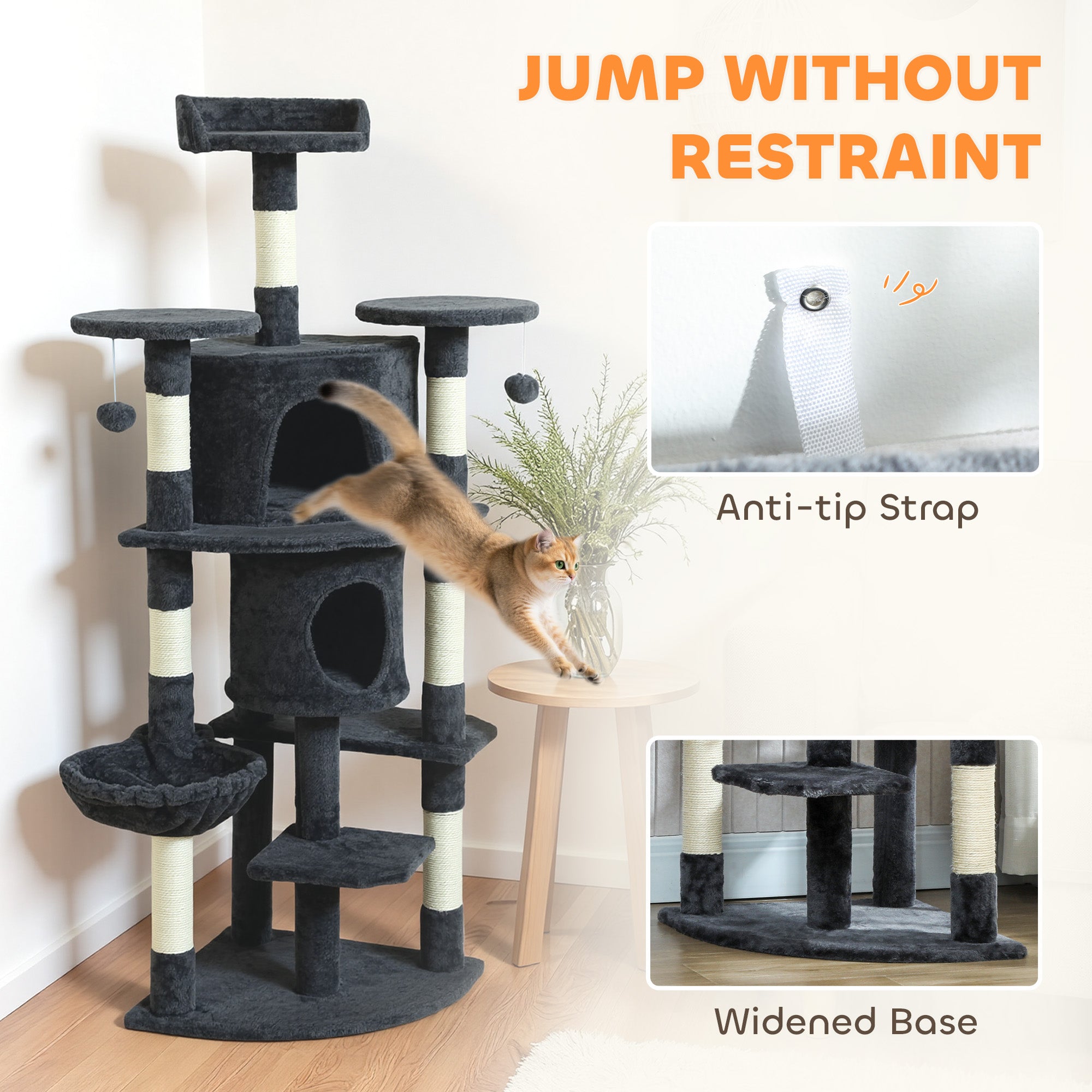 Cat Tree, 62" Multi-Level Cat Tower with Scratching Posts, 2 Condos, Hammock, Perches, Plush, Pompoms, for Indoor Kittens Playing, Resting, Sleeping, Dark Grey
