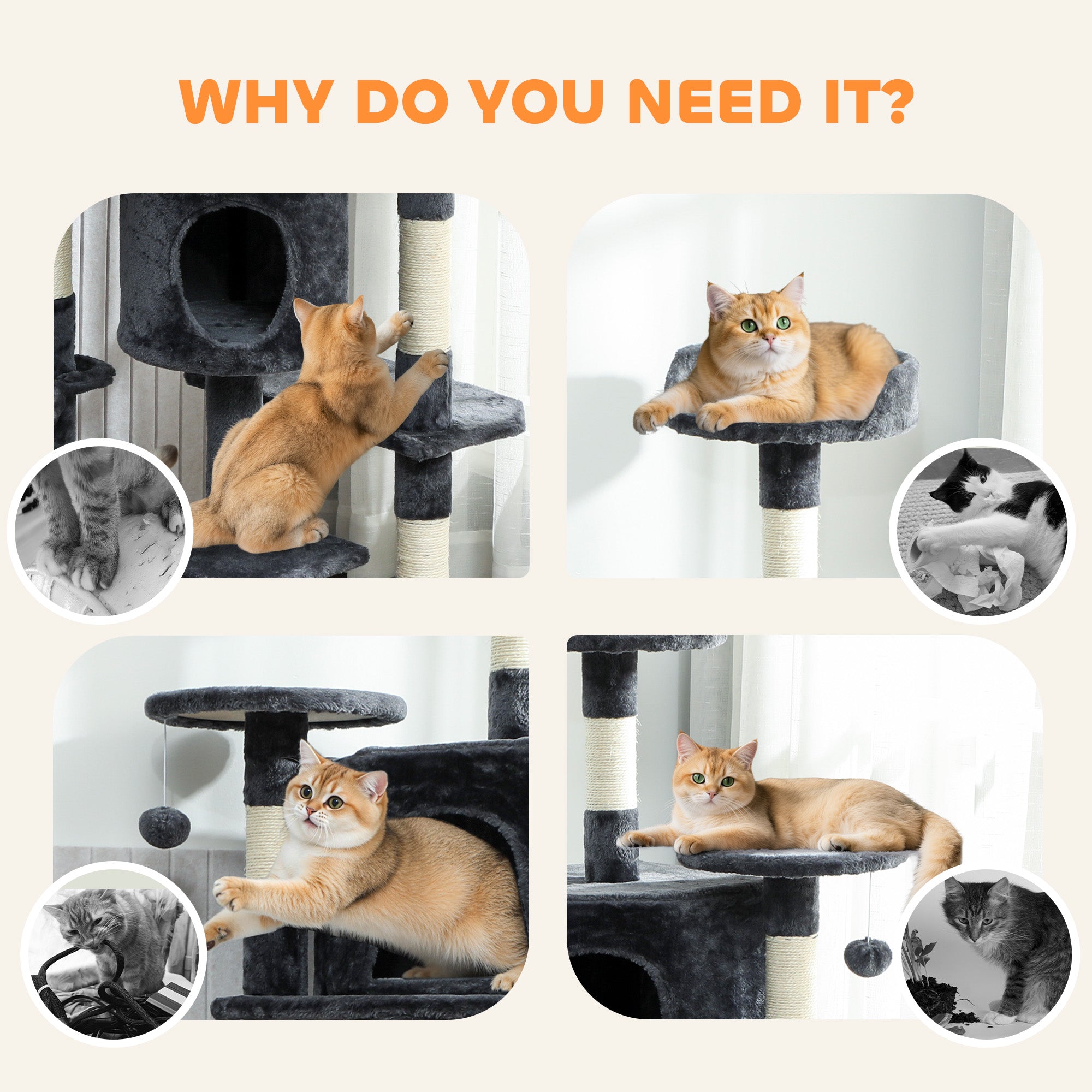 Cat Tree, 62" Multi-Level Cat Tower with Scratching Posts, 2 Condos, Hammock, Perches, Plush, Pompoms, for Indoor Kittens Playing, Resting, Sleeping, Dark Grey