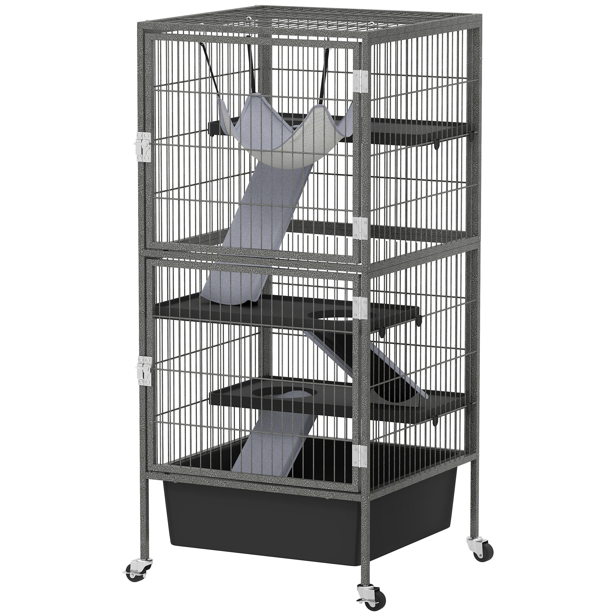 45 Inch Small Animal Cage, 4-Tier Rolling Ferret Chinchilla Rabbit Cage with 6 Inch Deep Slide-Out Tray, Platforms, Hammock, for Bunnies, Ferrets, Chinchillas, Squirrels, Gray