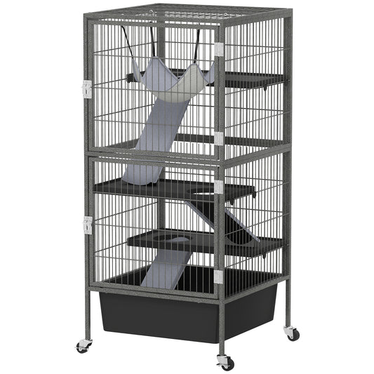 45 Inch Small Animal Cage, 4-Tier Rolling Ferret Chinchilla Rabbit Cage with 6 Inch Deep Slide-Out Tray, Platforms, Hammock, for Bunnies, Ferrets, Chinchillas, Squirrels, Gray
