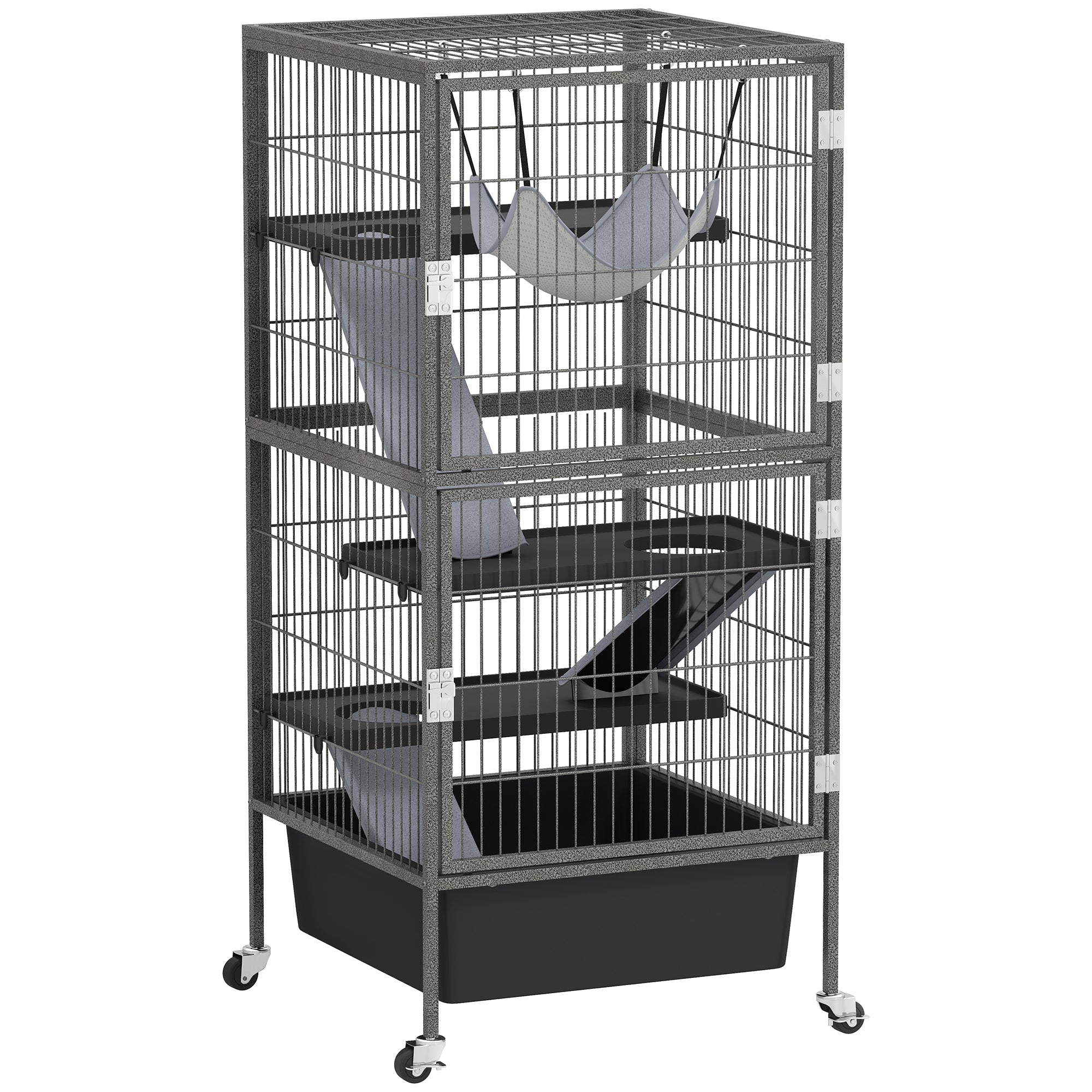 45 Inch Small Animal Cage, 4-Tier Rolling Ferret Chinchilla Rabbit Cage with 6 Inch Deep Slide-Out Tray, Platforms, Hammock, for Bunnies, Ferrets, Chinchillas, Squirrels, Gray