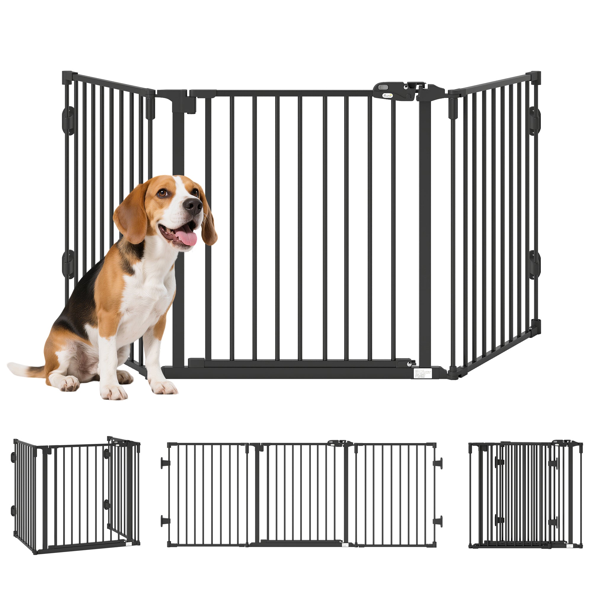 Foldable Dog Gate with Door, 3 Panel Metal Pet Gate for Stairs, Doorways, Hallways and Fireplace, Auto-Close Safety Gate, 202.5 x 76 cm, Black