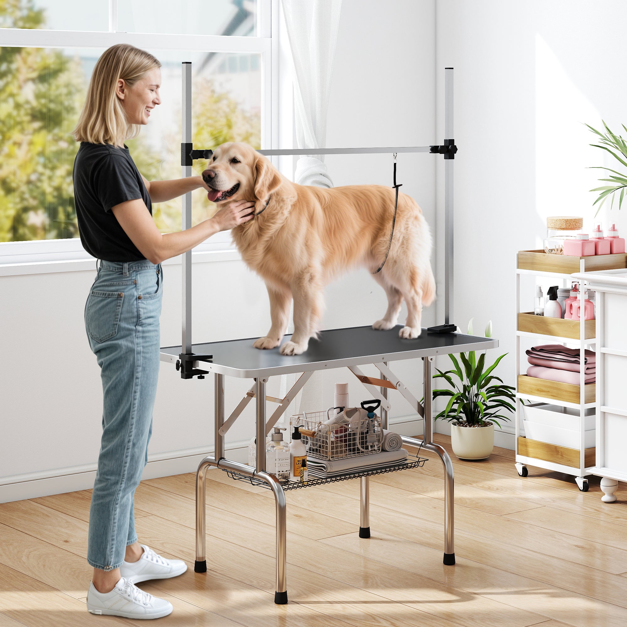 42" Foldable Dog Grooming Table Adjustable Pet Cat Drying Beauty Table Rubber Top with 2 Loops Storage Basket Metal Black