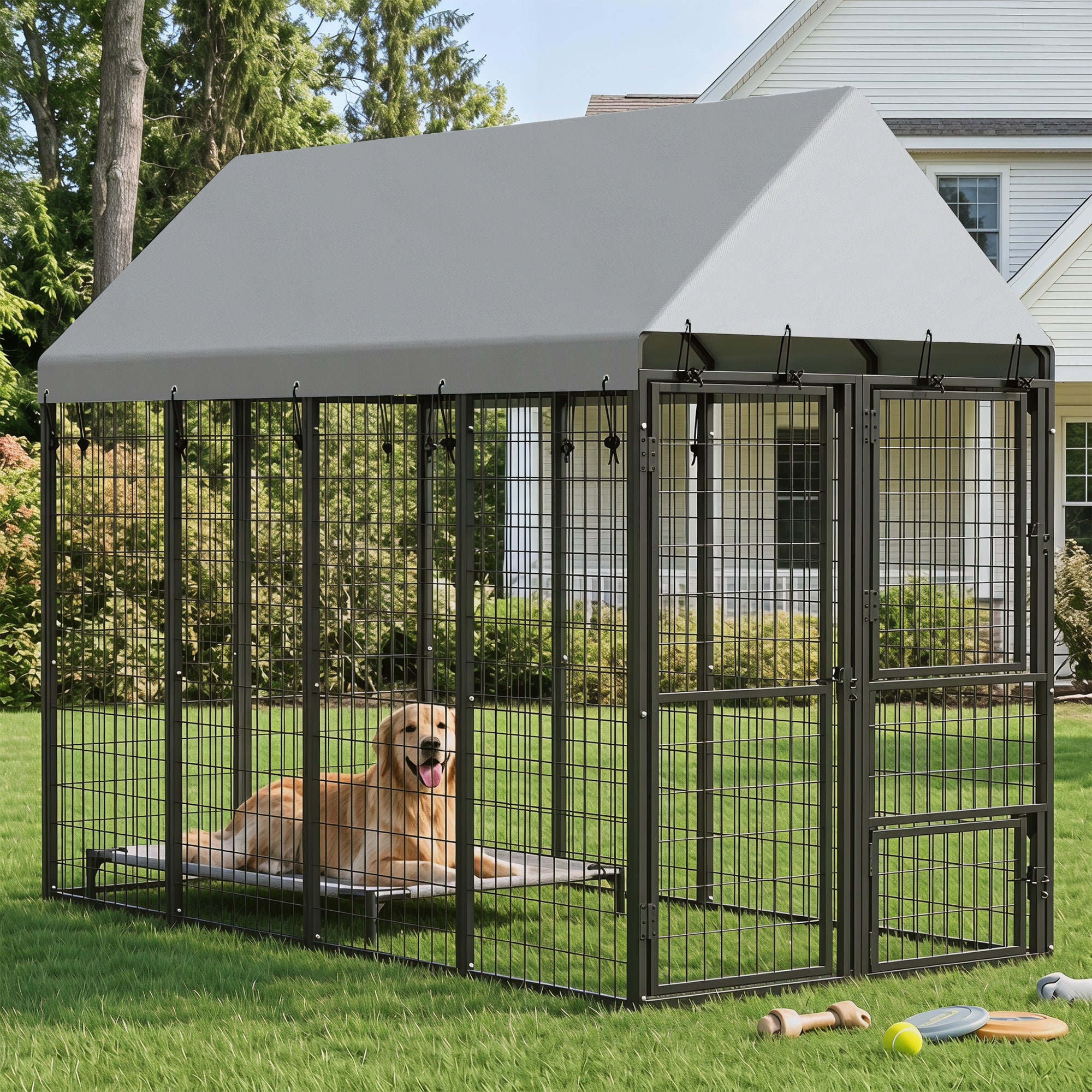Large Dog Kennel Outdoor with Roof, 3 Doors, Expandable Heavy Duty Dog Kennel Outside Run Enclosure with Secure Lock, Removable Door, for Small Medium Large Pets, Chickens, Ducks, 8' x 4' x 6'
